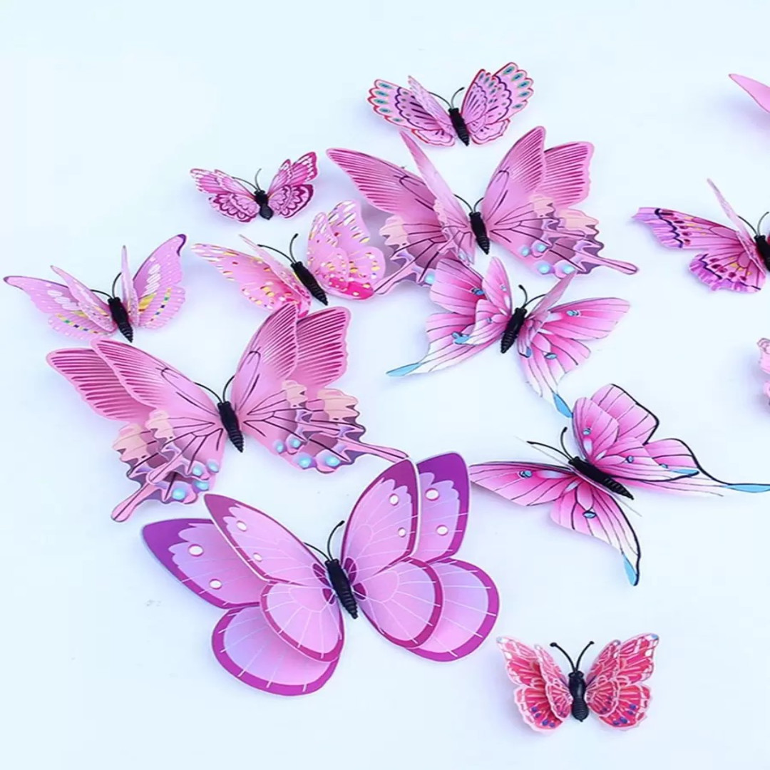 3D Butterfly Wall Stickers 12pc Pink PVC Magnet Decals Double Layer Bedroom Home