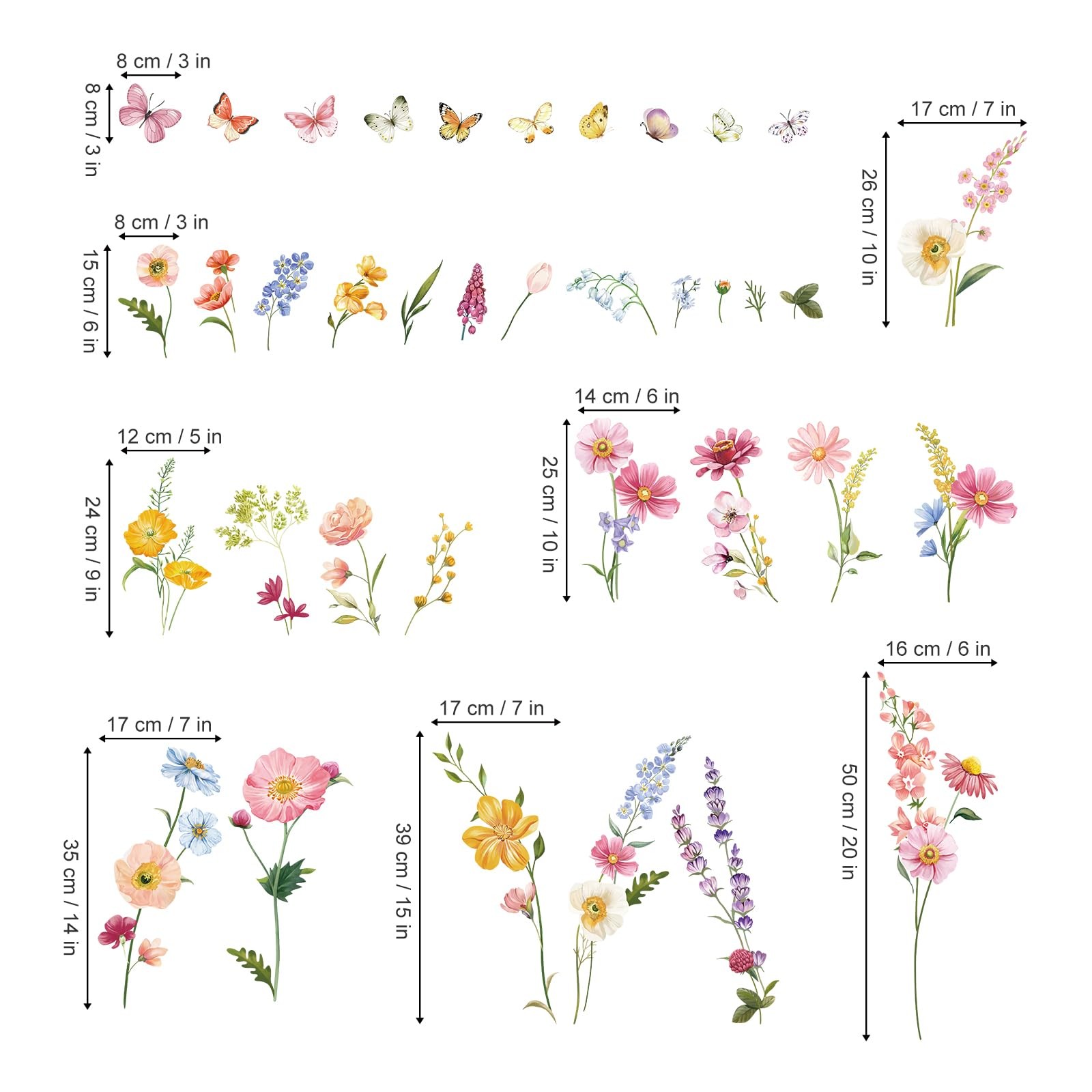decalmile Flower Wall Decals Daisy Wildflower Grass Butterflies Multi Color
