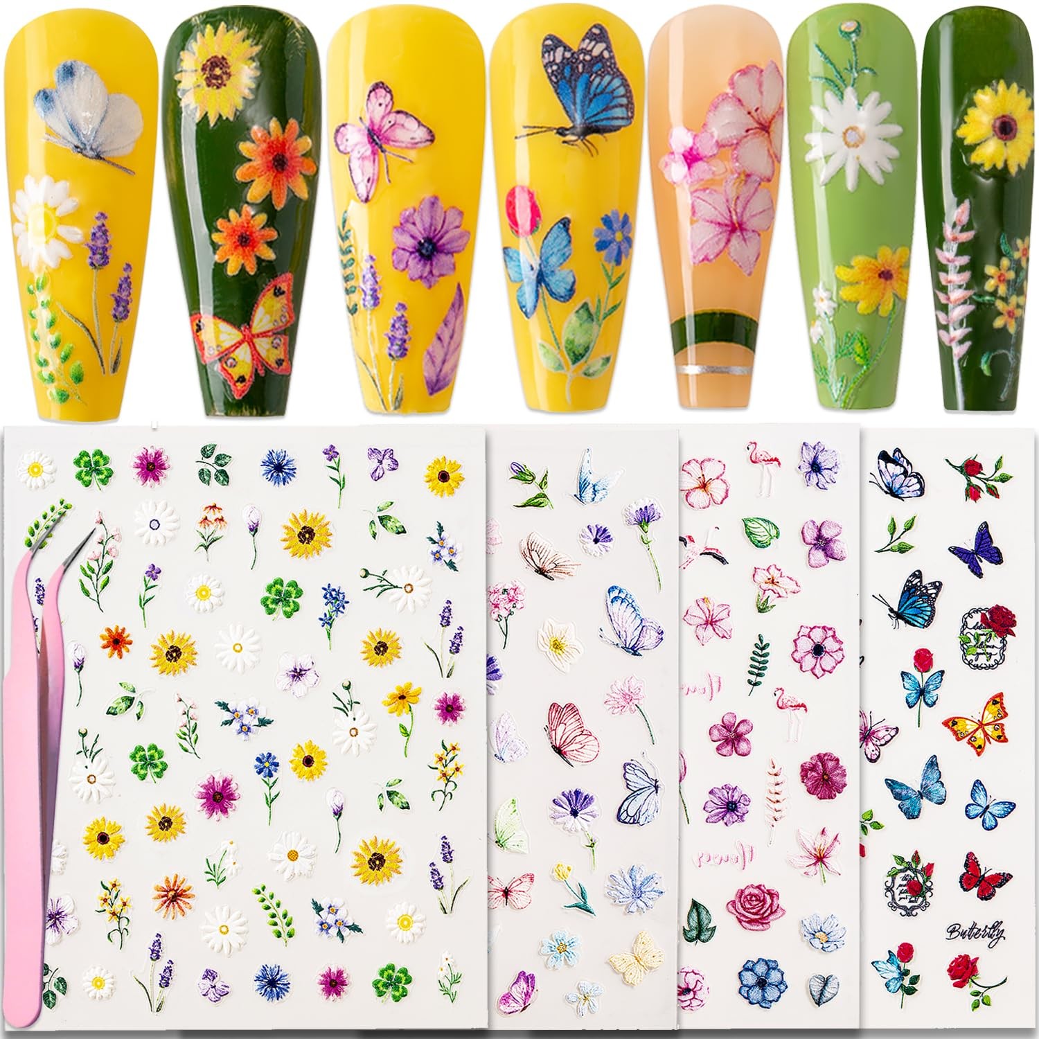 Gel Nail Stickers for Art: 5D Embossed Summer Flower Large, Colourful