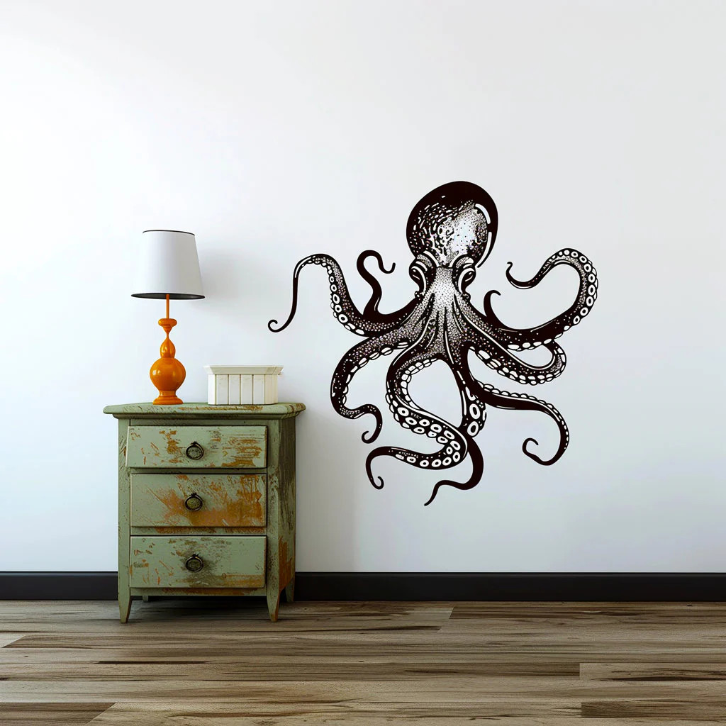 Elegant Octopus Wall Sticker Decals | Detailed Black Nautical Wall Art