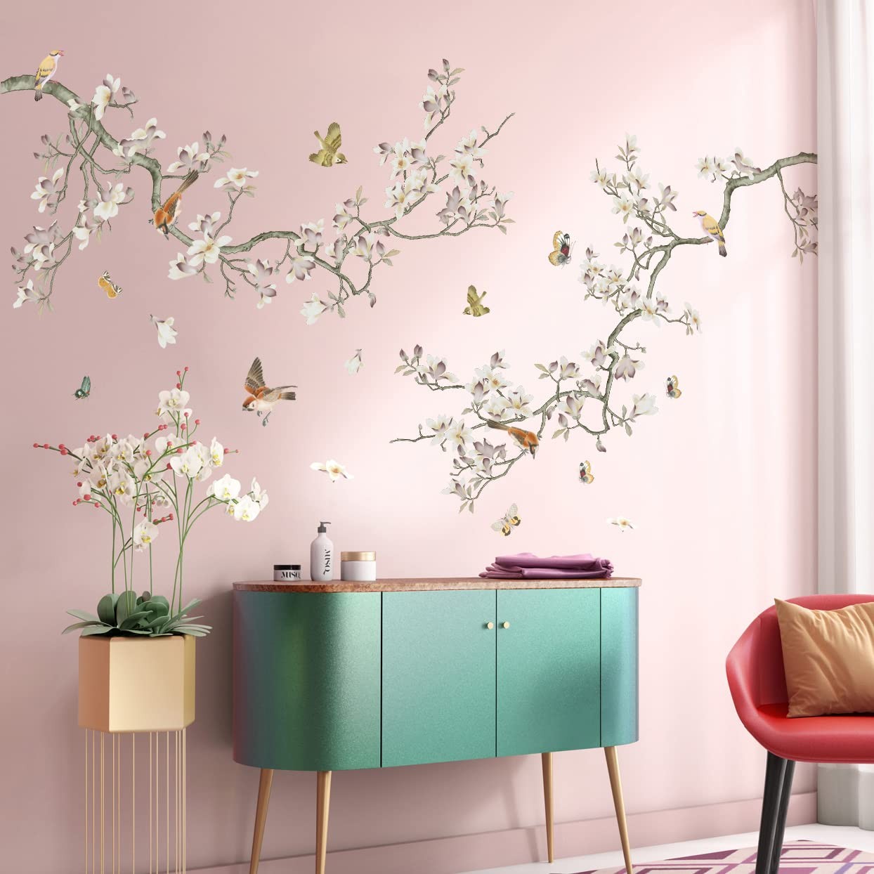 Removable 3D Two Curved Tree Branches Leaves With Colorful Flying Birds Wall …