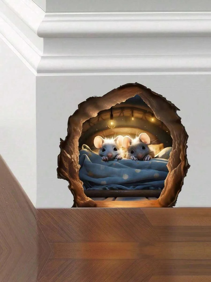 3D Mouse Hole Wall Stickers Funny Rat Wall Decals Kitchen Bedroom 3pcs