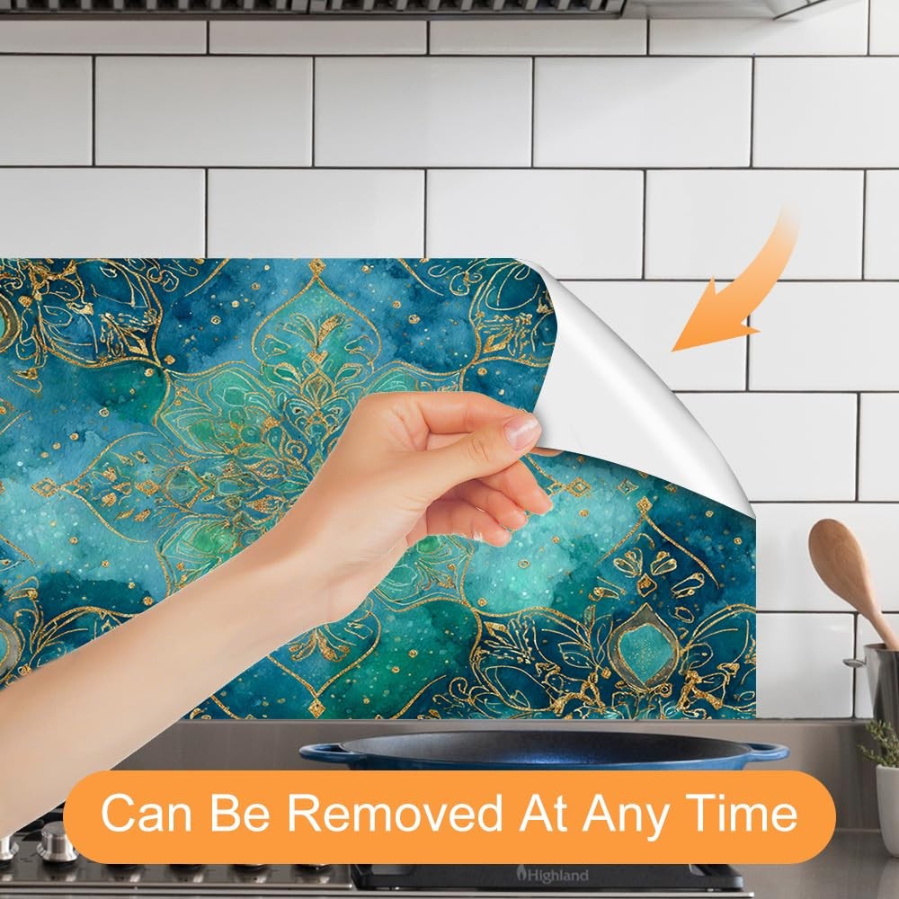Peel and Stick Wall Sticker 30.3 x 16.1 Inch Blue Ornate Tile Pattern Decorat…