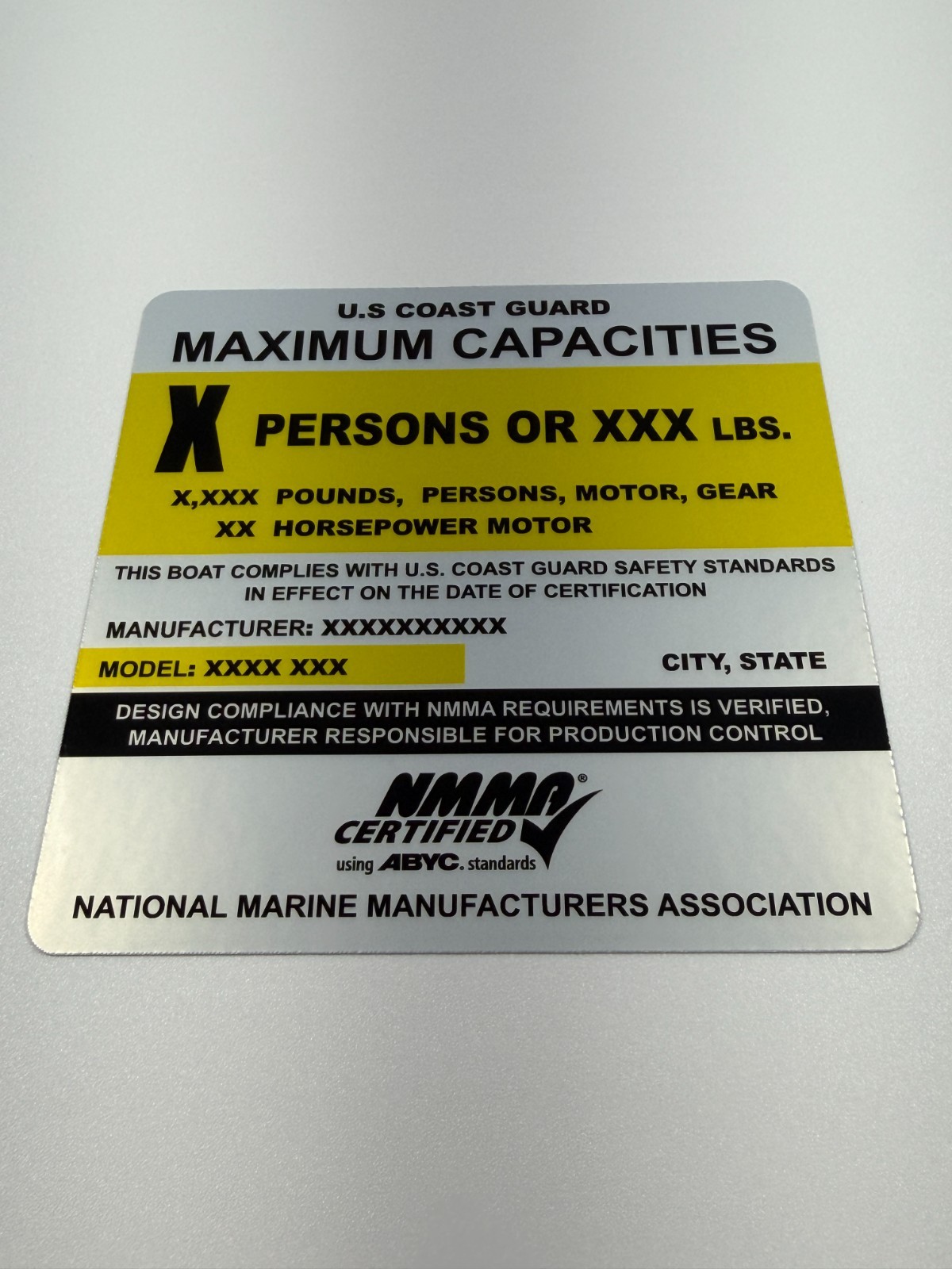 Custom Boat Capacity Plate Sticker Replacement Decal NMMA USCG 4×4 Silver Vinyl