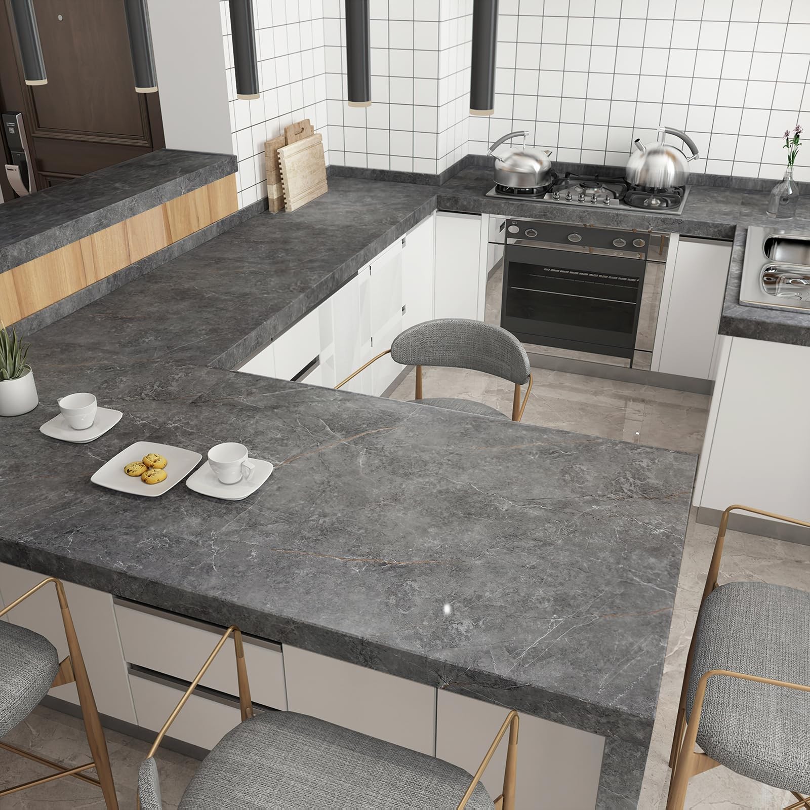 Gray Marble Paper Peel and Stick Glossy Paper Dark Grey Granite Wallpaper Sel…