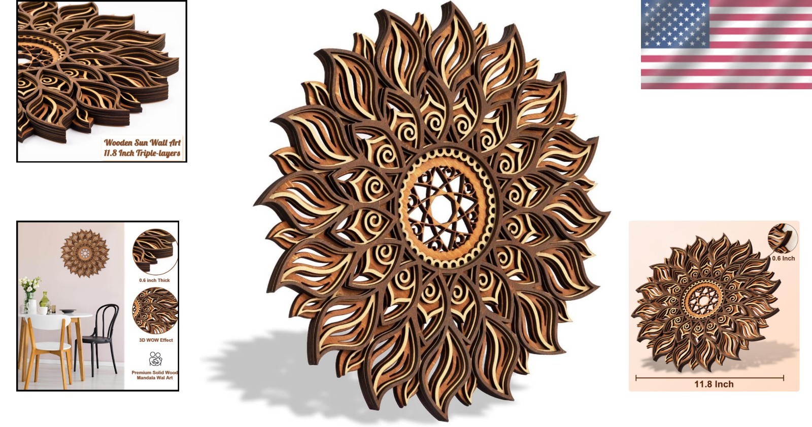Handcrafted 11.8-Inch Wooden Sun Mandala Decor for Elegant Spiritual Spaces