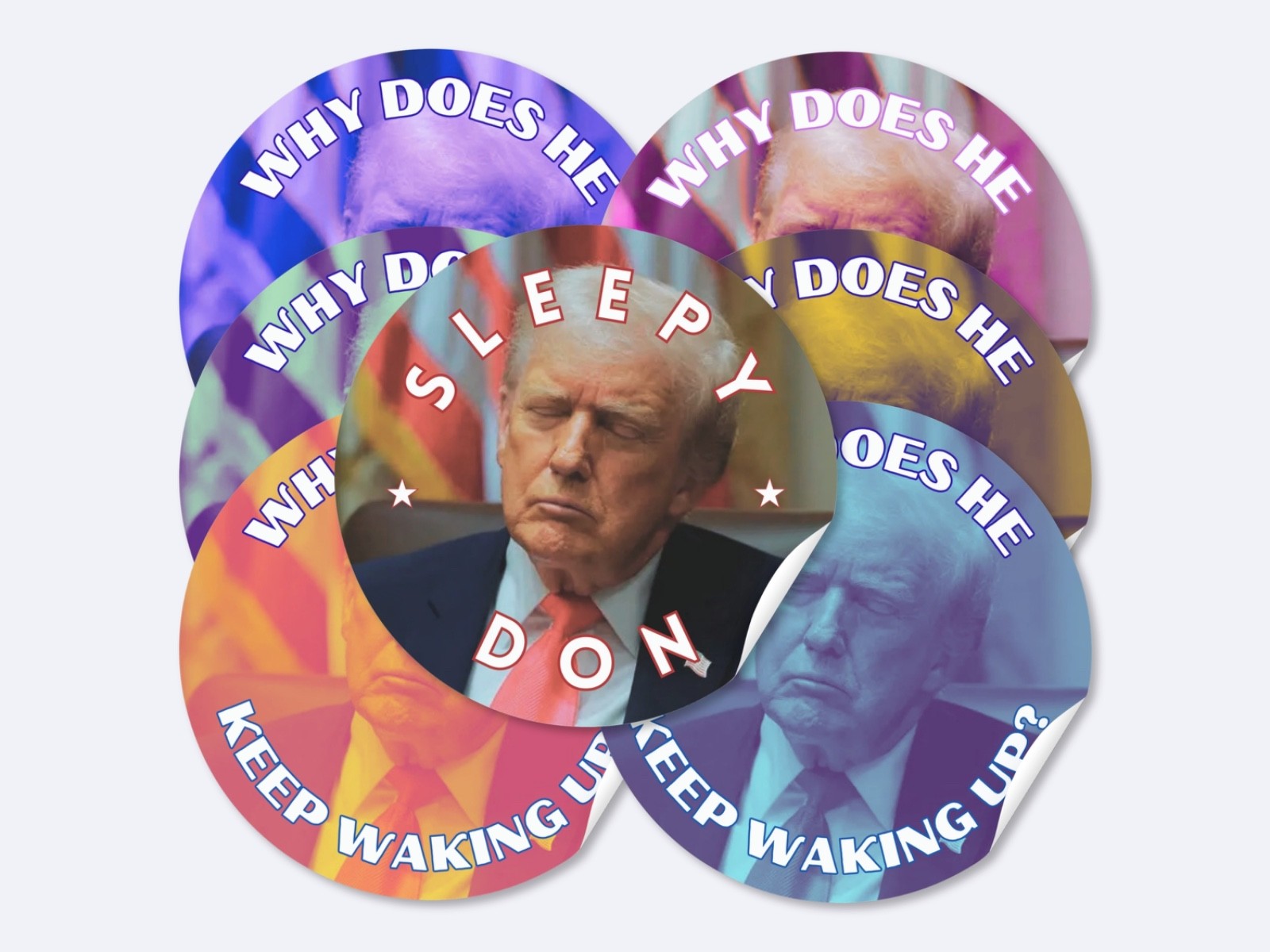 Sleepy Trump Stickers 50 Pack Waterproof Political Satire Decals Assorted 1.5"
