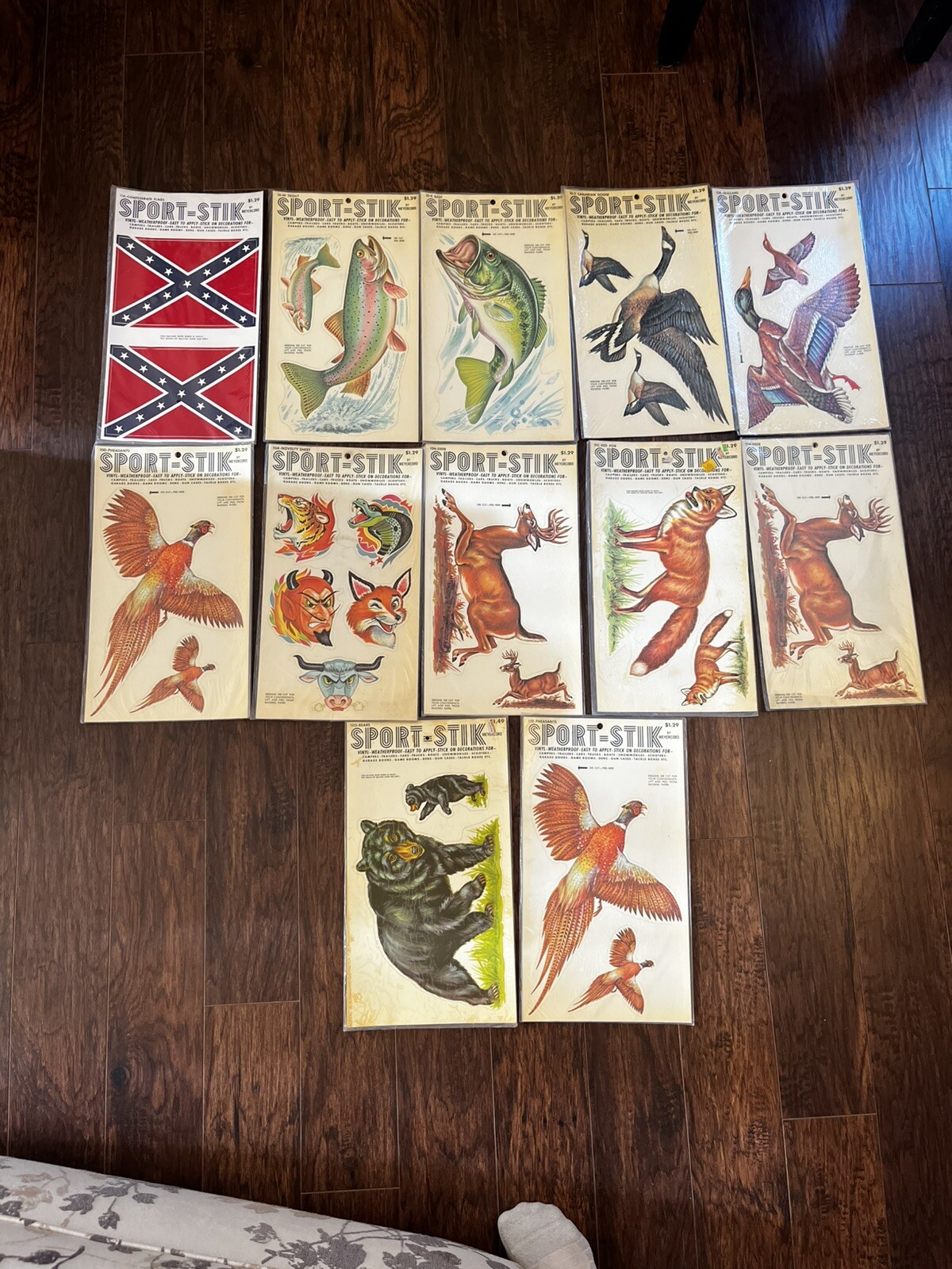 12-NOS Vtg MeyerCord Sport-Stik Adhesive Stickers (Fish-Birds-Tiger-Devil-Fox)