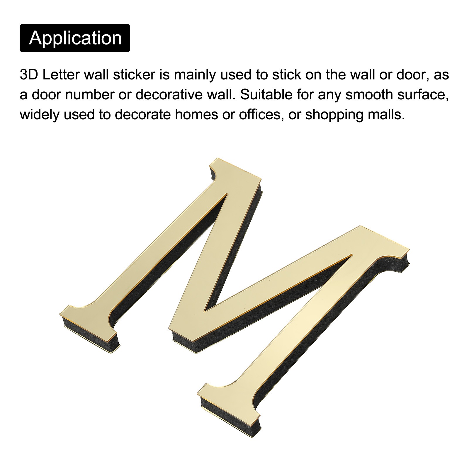 3D Acrylic Alphabet Mirror Wall Stickers Letter M Self-Adhesive Light Gold