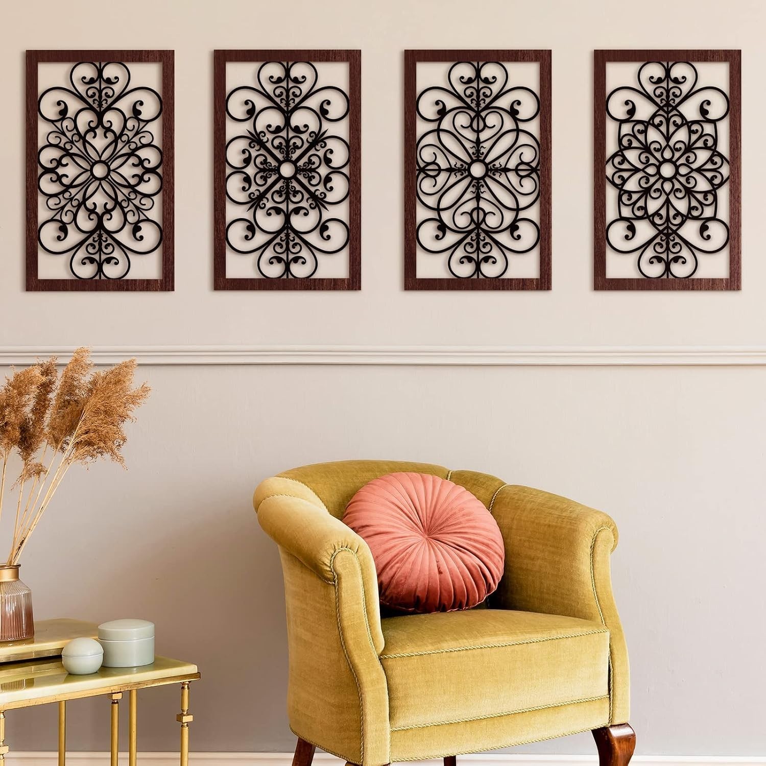 Elegant Rustic Floral Wall Art – Set of 4 Antique Wooden Panels, 11.8"x7.3"