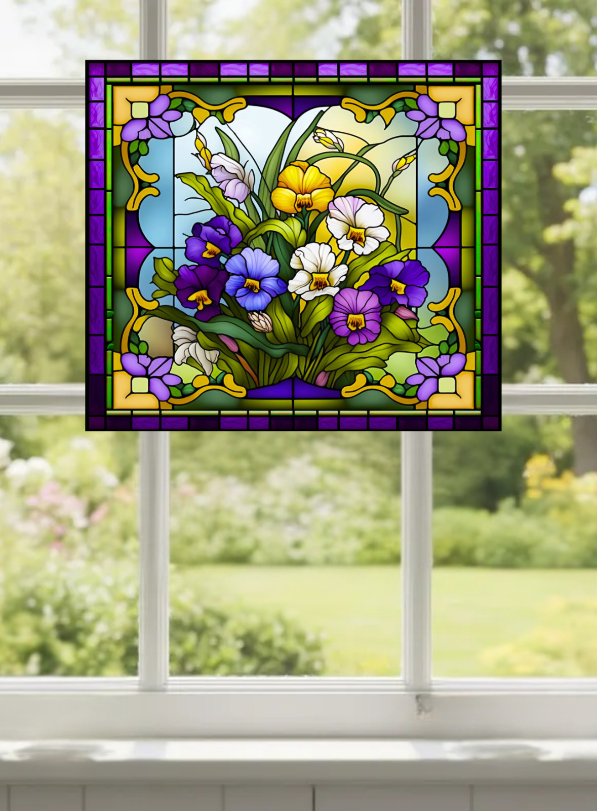 Pansies Faux Stained-Glass WINDOW CLING Size 9" Vinyl