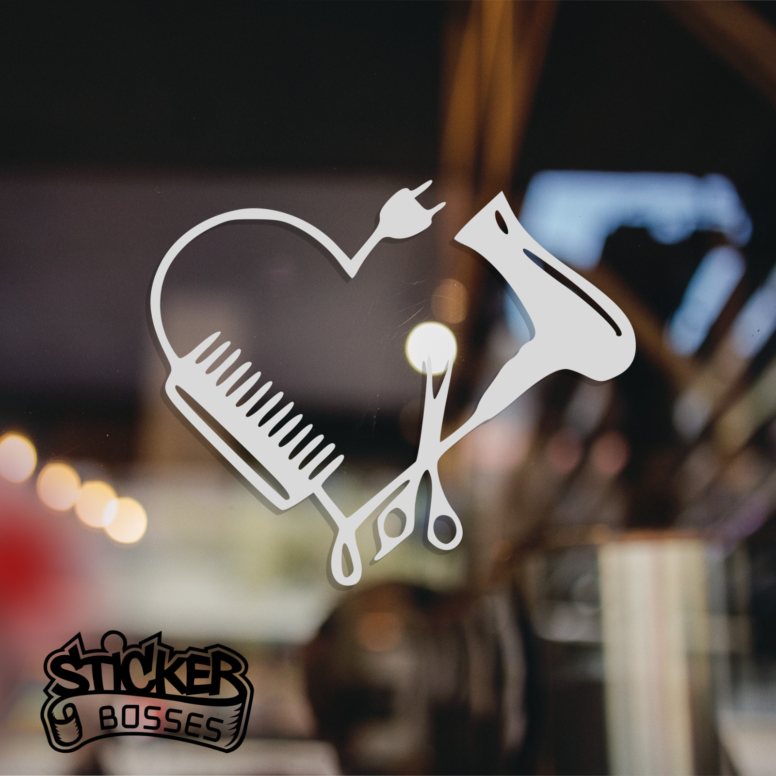 Hair Stylist Heart Scissors Comb Dryer Vinyl Decal Salon Sticker