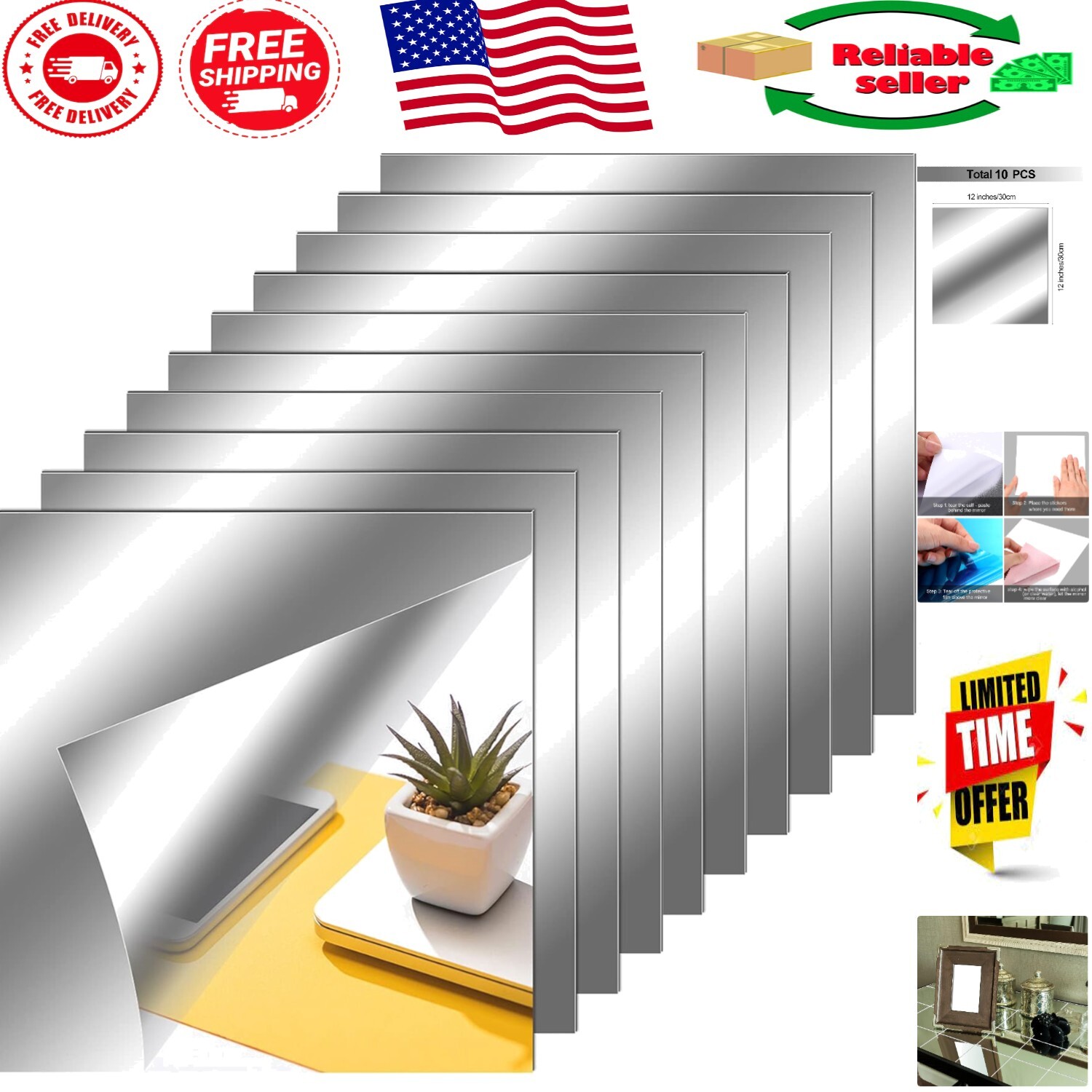 Create Stunning Reflections with 10 Non-Glass Mirror Sheets, 12 x 12 Inches Each