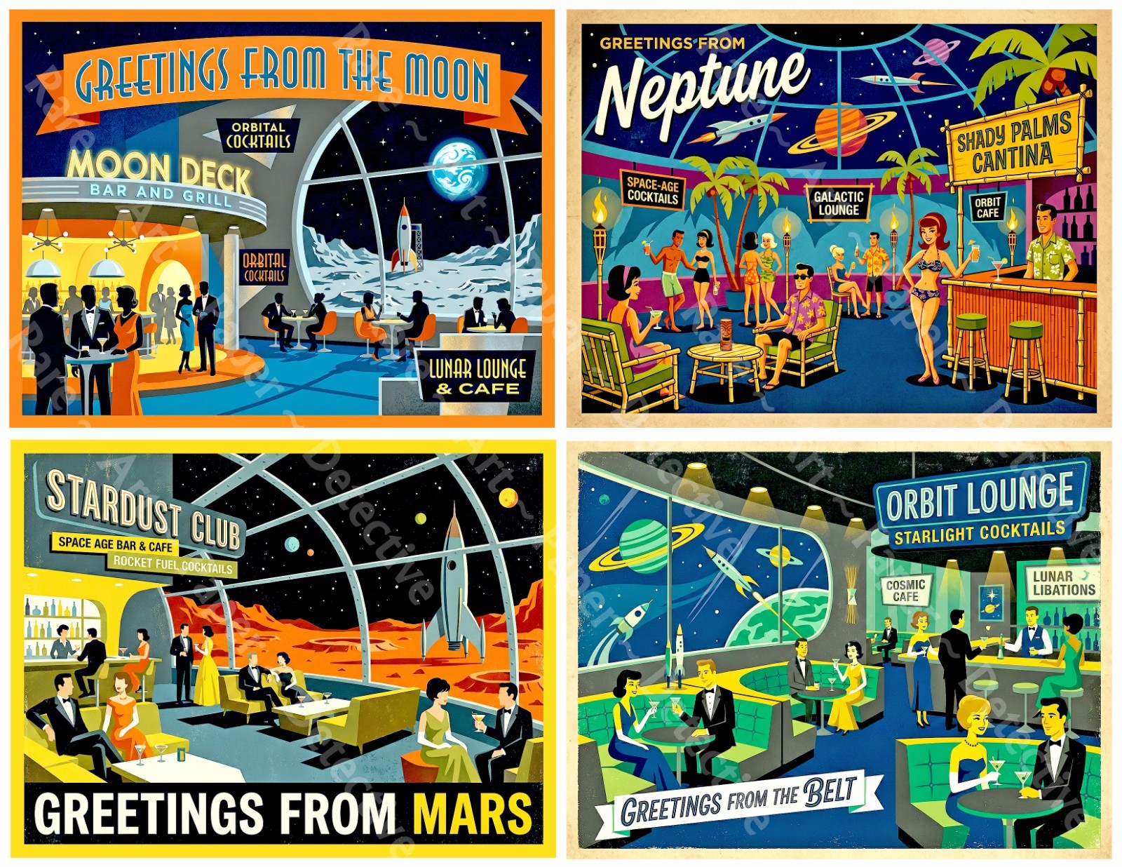 Space Adventure Bar Stickers, Mid-Century Modern, 4 Labels on 1 Sheet, 1538