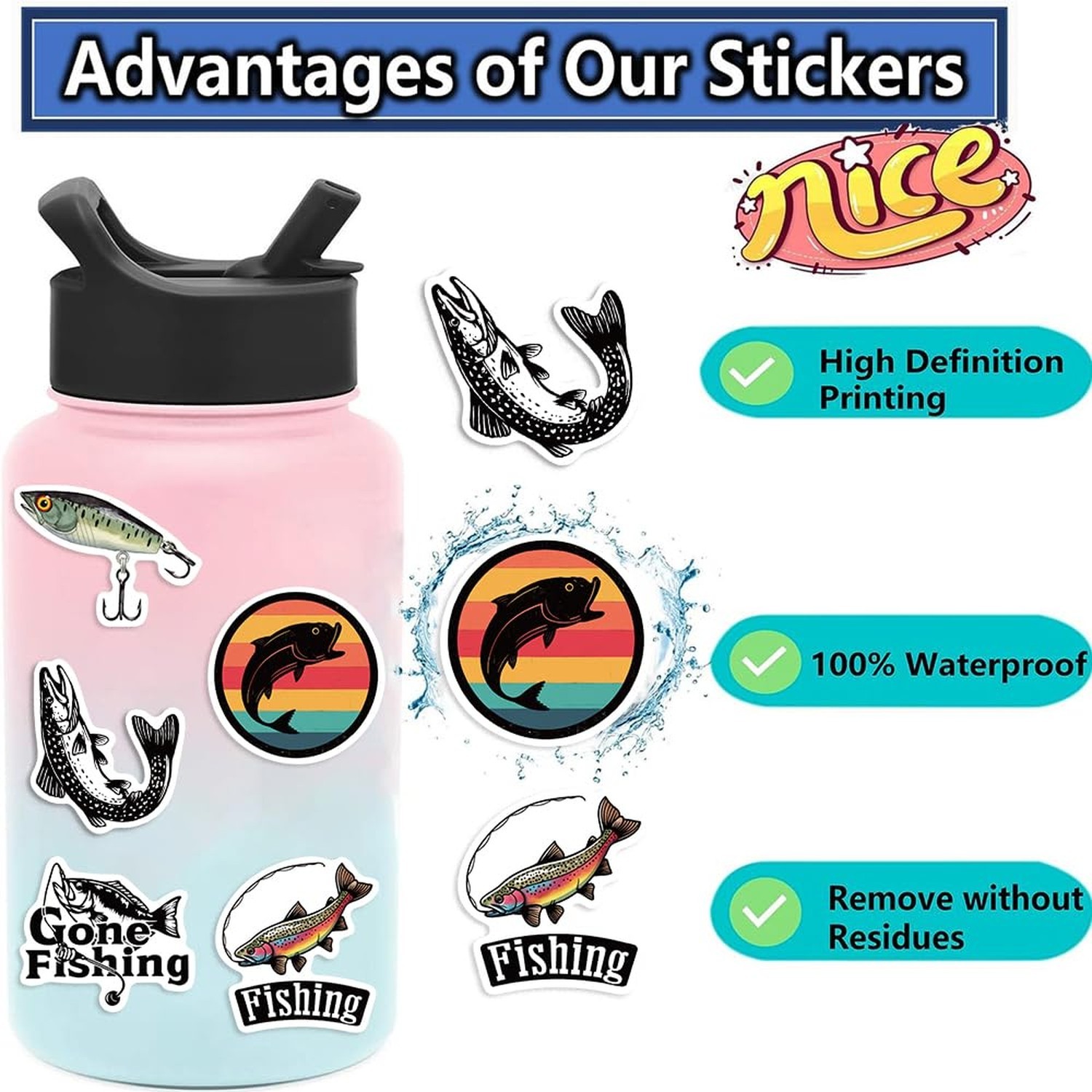 50-Piece Fishing Sticker Pack – Waterproof Vinyl Stickers with Funny Quote