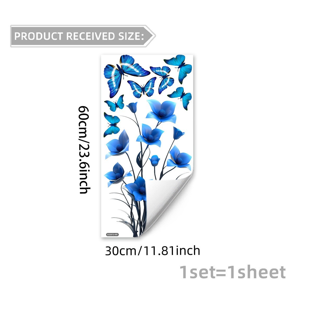 Waterproof Blue Flower Butterfly Window Cling PVC 11.81×23.62in Reusable Design
