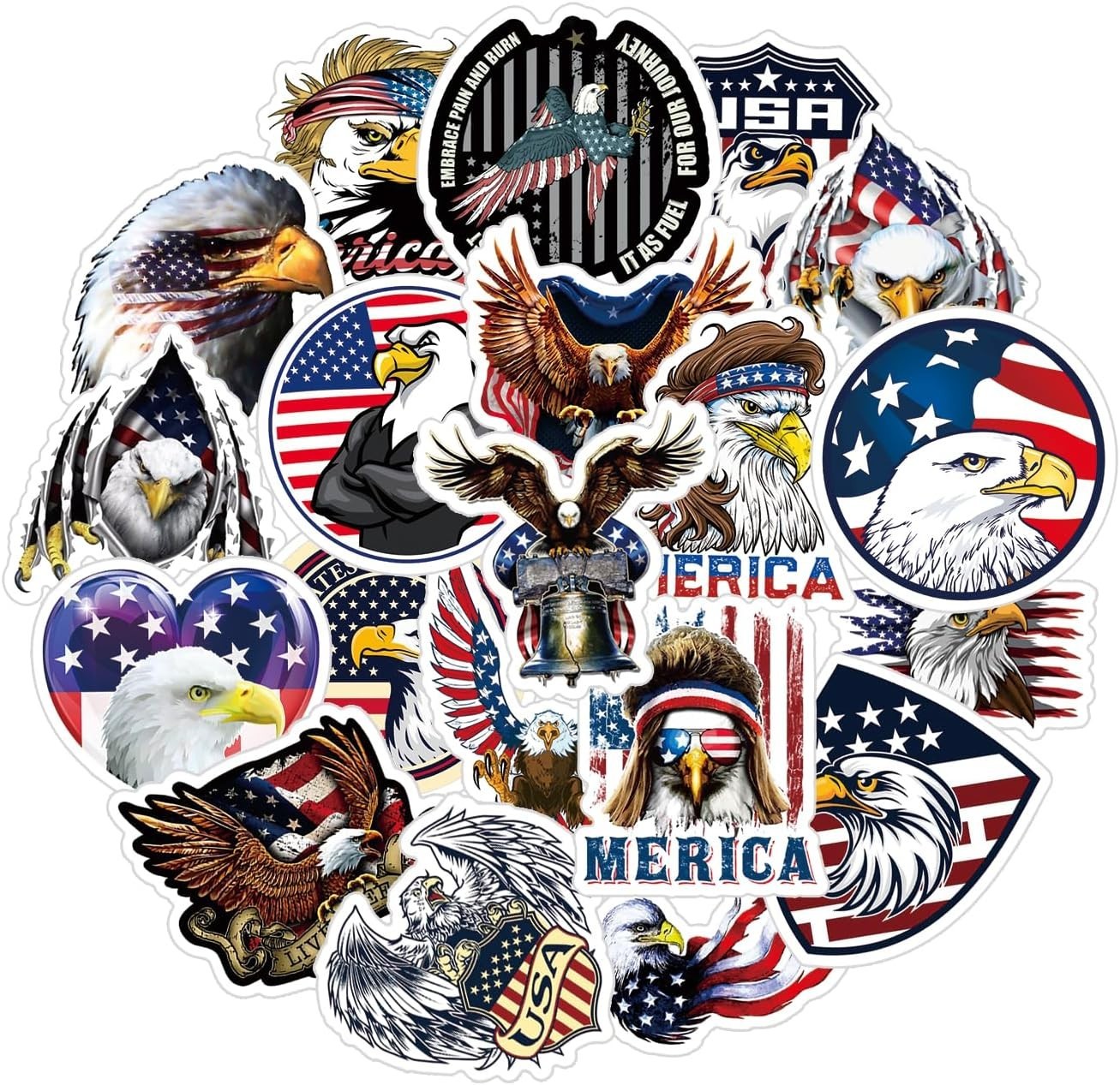 Cool Bald Eagle Stickers 25pcs Waterproof Art Deco Vinyl Pack Laptop Skateboard