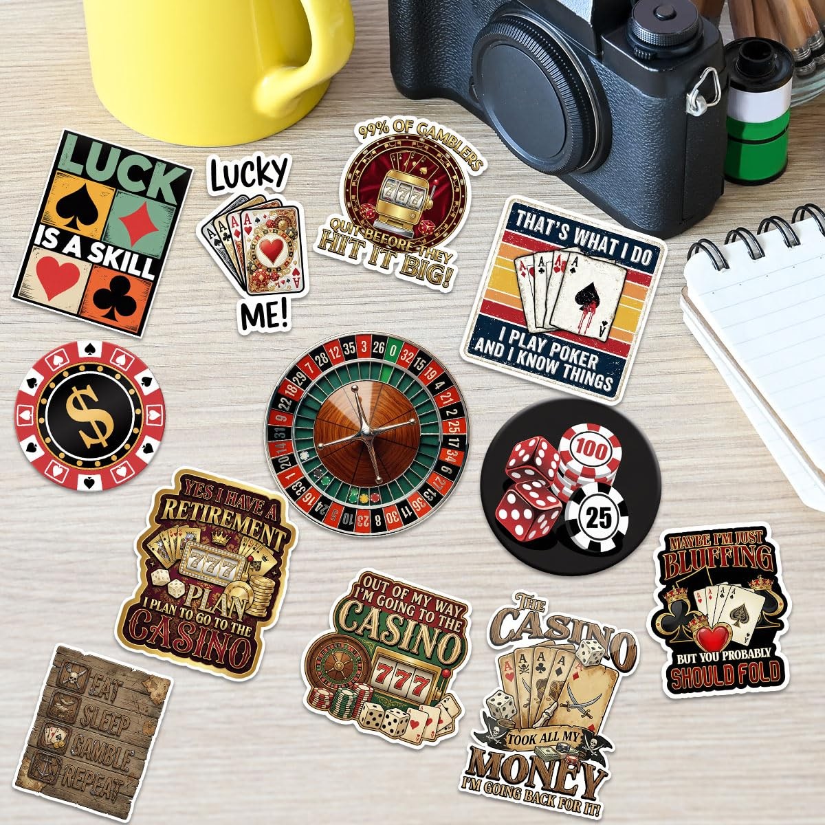 12 Pcs Gambling Stickers, Funny Casino Poker Quotes, Roulette Dice Card Decals,