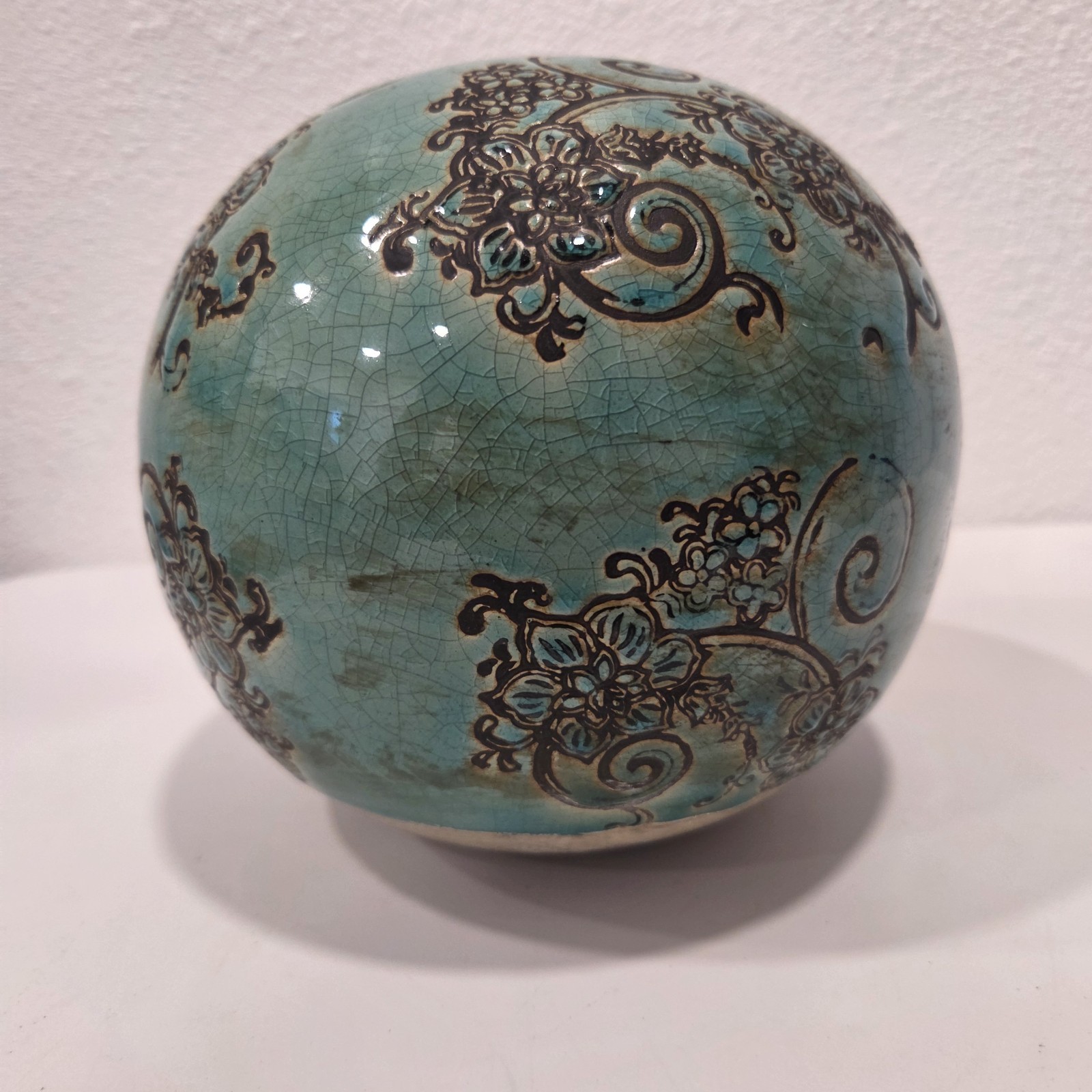 Vintage Turquoise Crackle Glaze Ceramic Decorative Orb Sphere 7” Floral Scroll