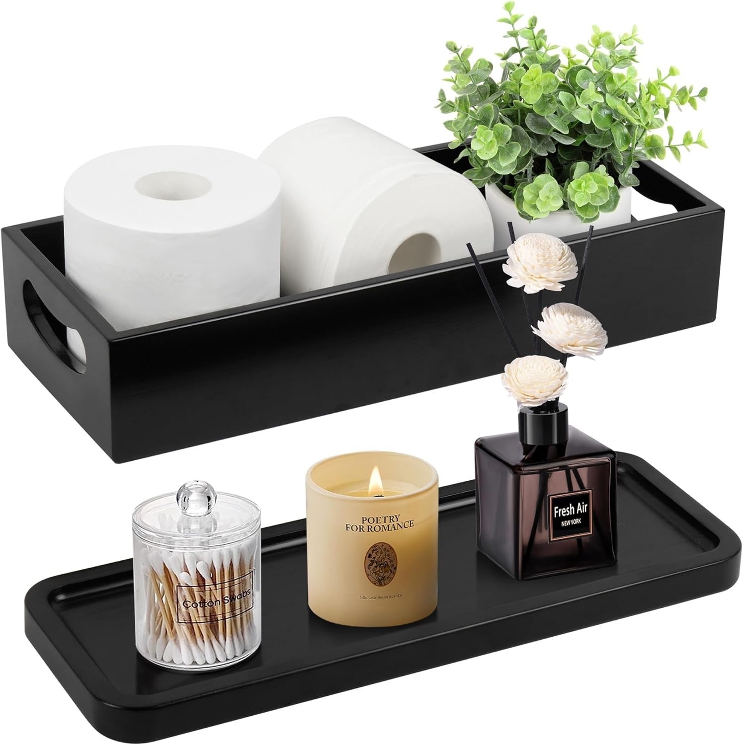 Set of 2 Black Wooden Bathroom Decor Box & Vanity Tray for Organizing Essentials