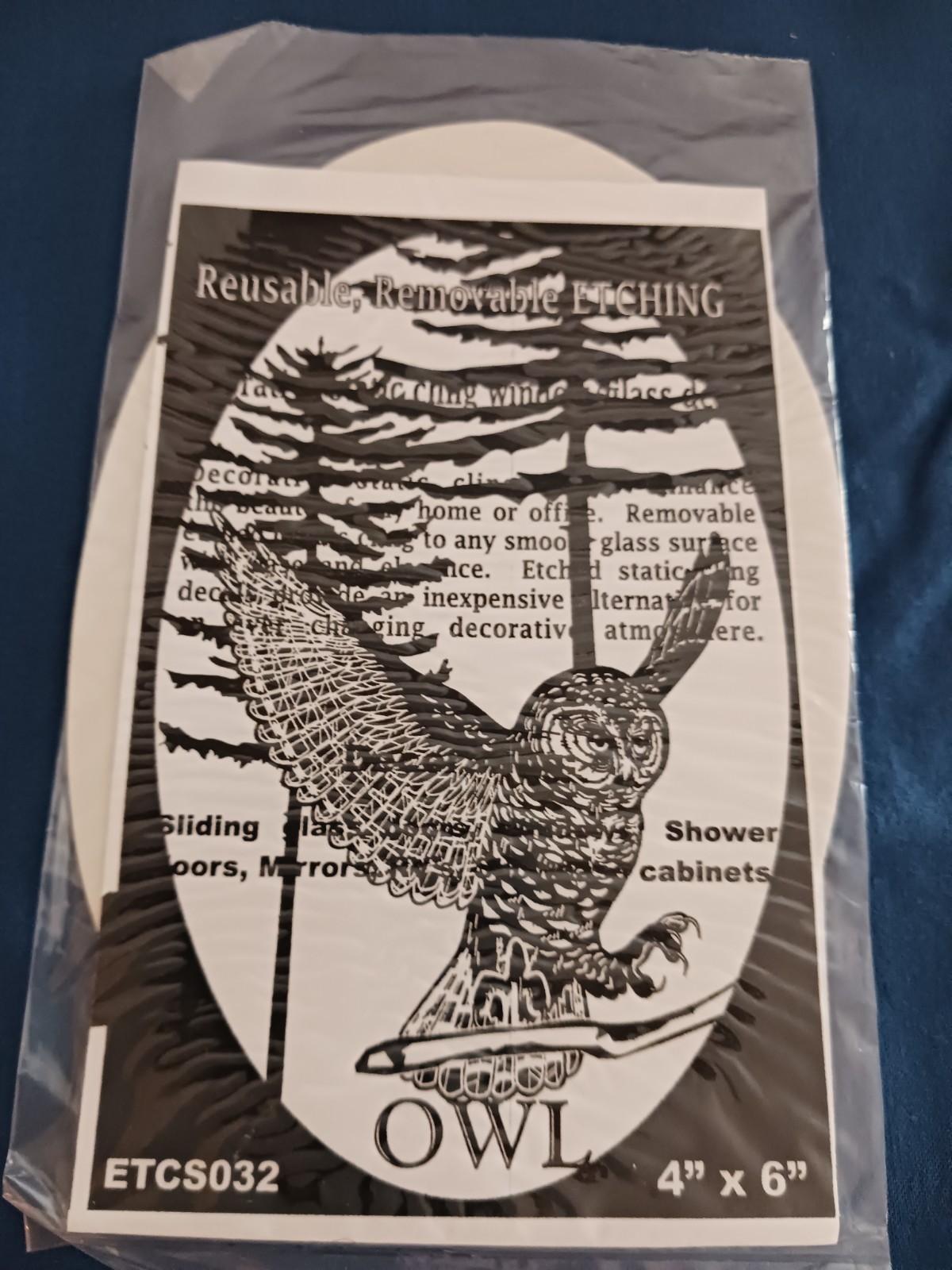 Owl Window Decal 4"x6" OVAL Etched Glass Look Cling Removable & Reusable 32