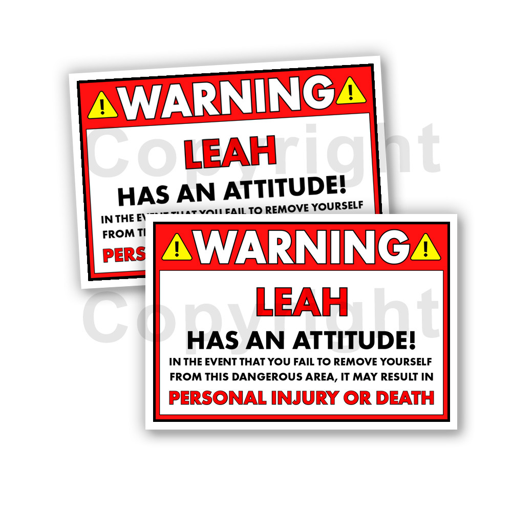 LEAH HAS AN ATTITUDE 2 Funny Warning Stickers 5" wide orange Set of 2
