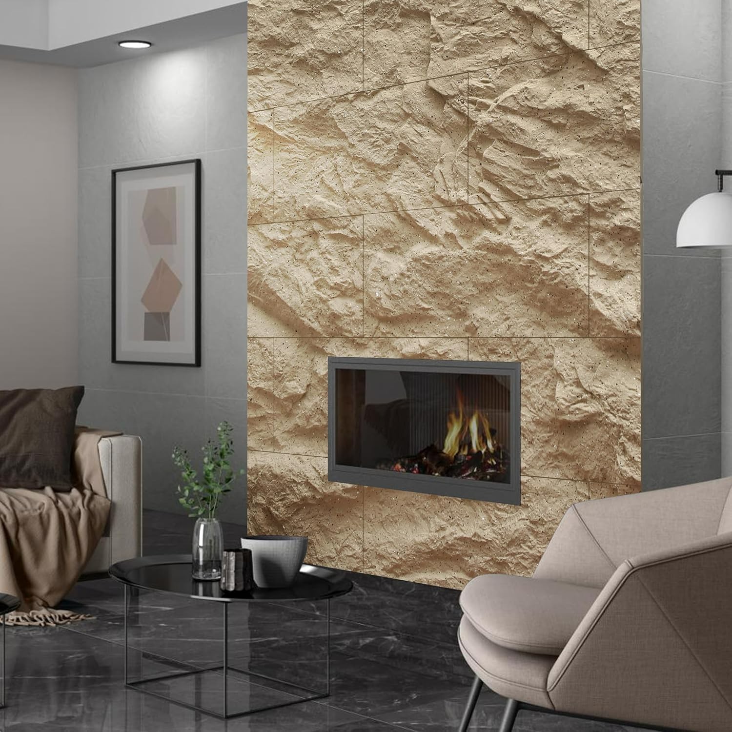 4 PCS 3D Faux Stone Wall Panels -Golden Hemp Cement Texture Wainscoting Decor