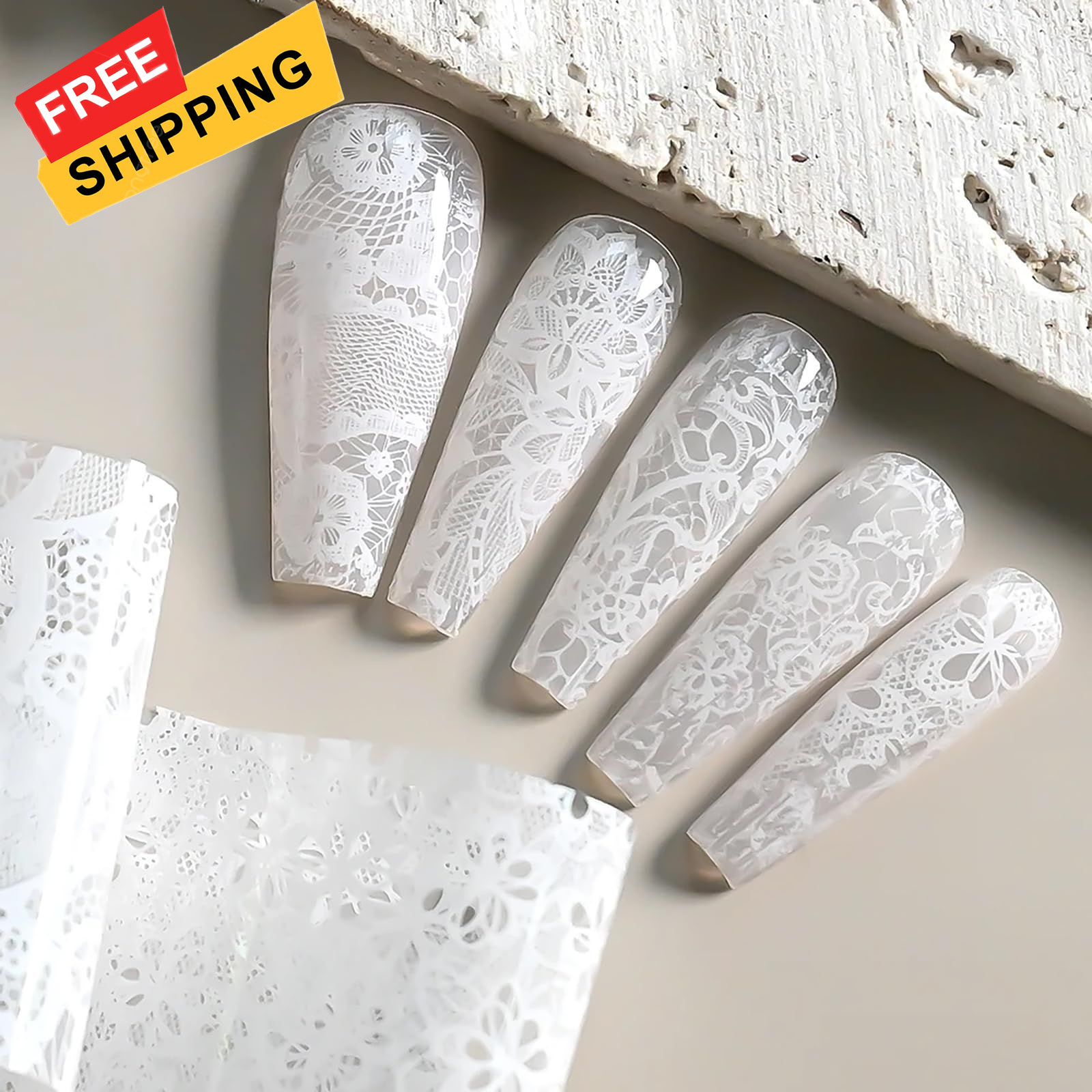 MOLILON 10 Rolls White Lace Nail Foil, 2.5*100cm / 1.0*39.37in, Style 2