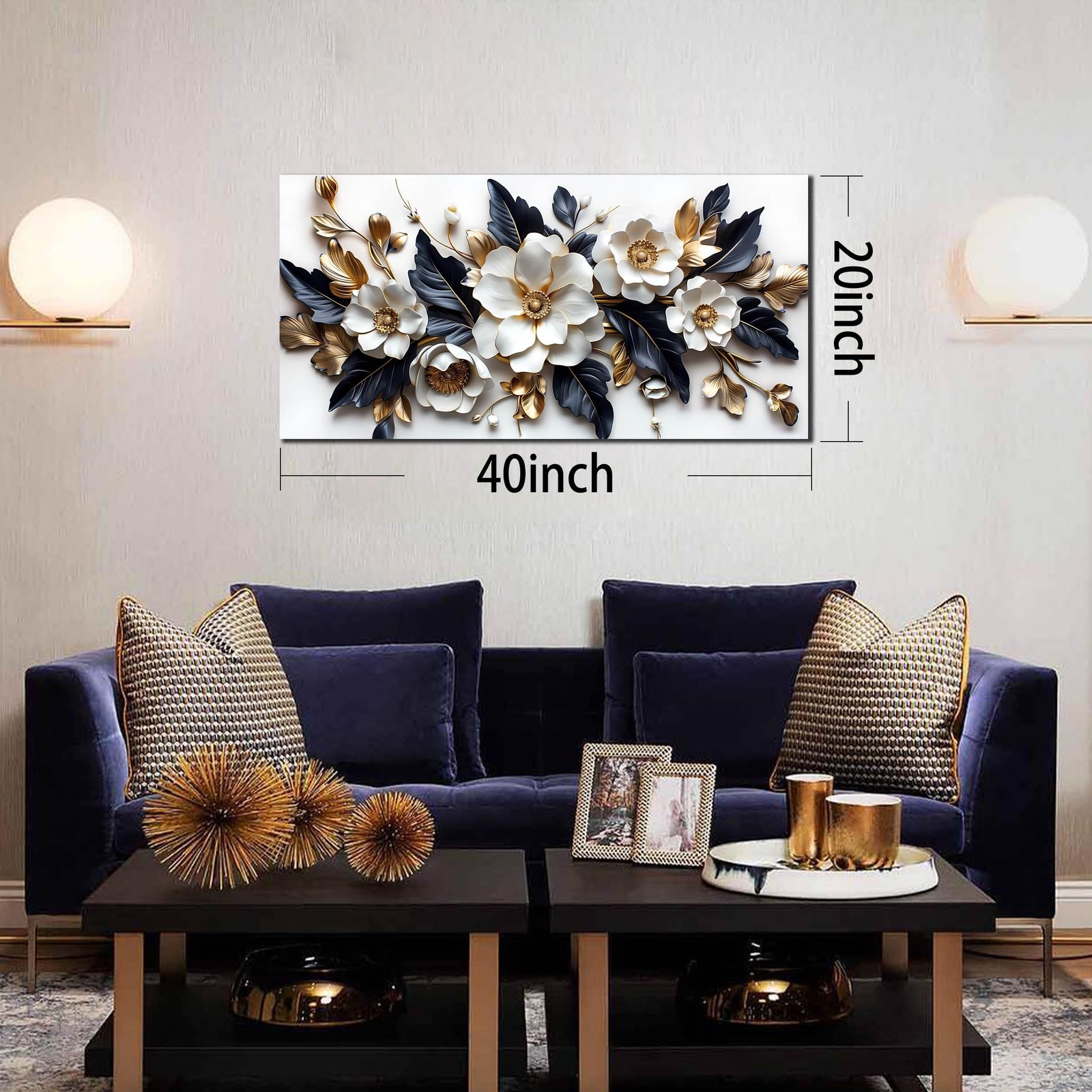 HUBOSKN Flower Pictures Wall Decor for Living Room – Blue White and Gold Wall…