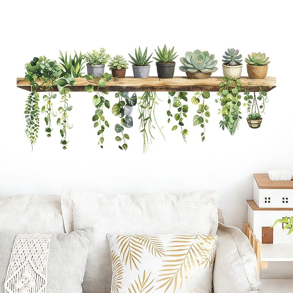 Fade Resistant Green Cartoon Plant Pot Wall Decal for Living Room Bedroom Decor