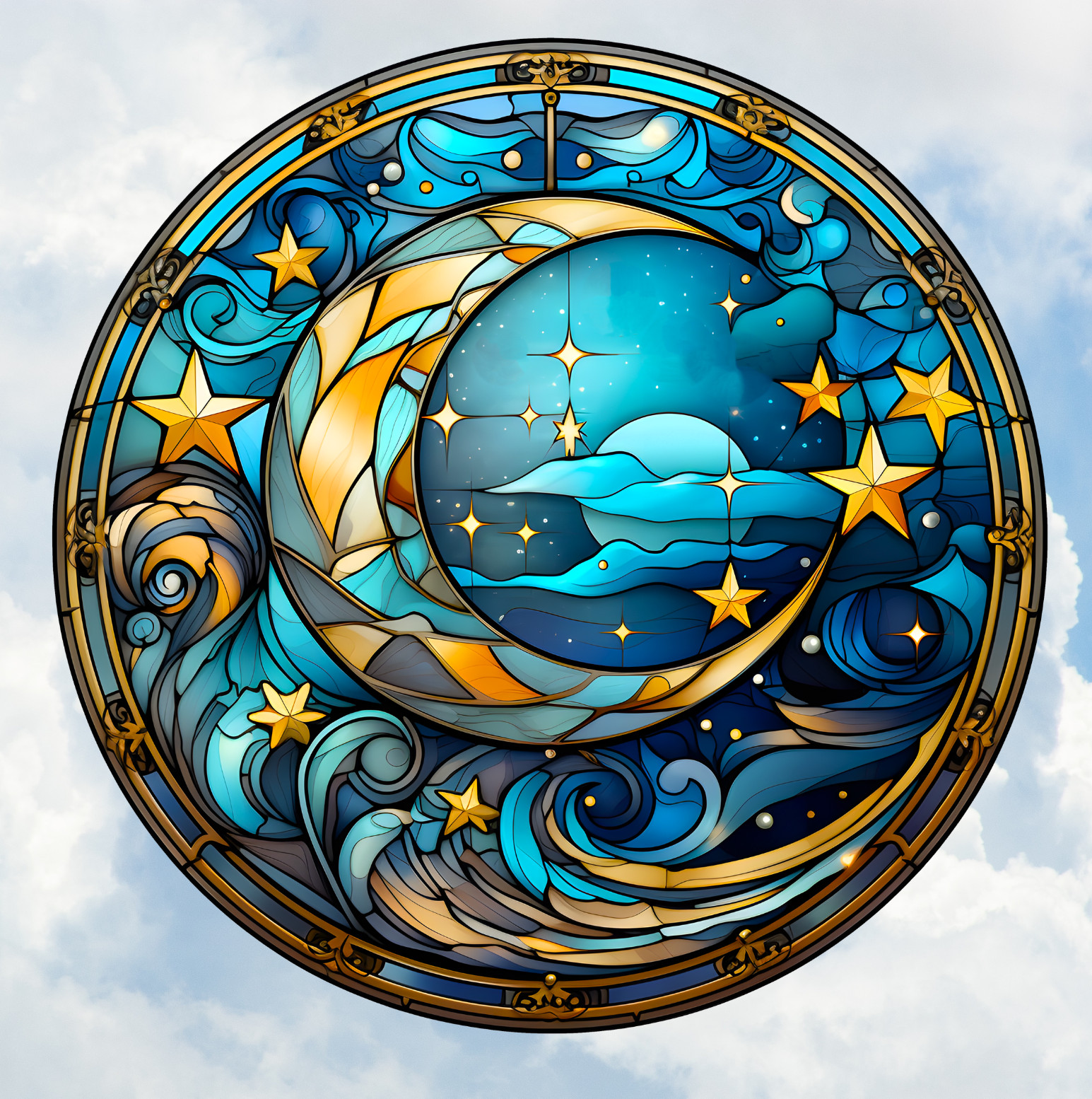 Celestial Moon/Stars Faux Stained-Glass WINDOW CLING Sun-catcher Size 8" Vinyl