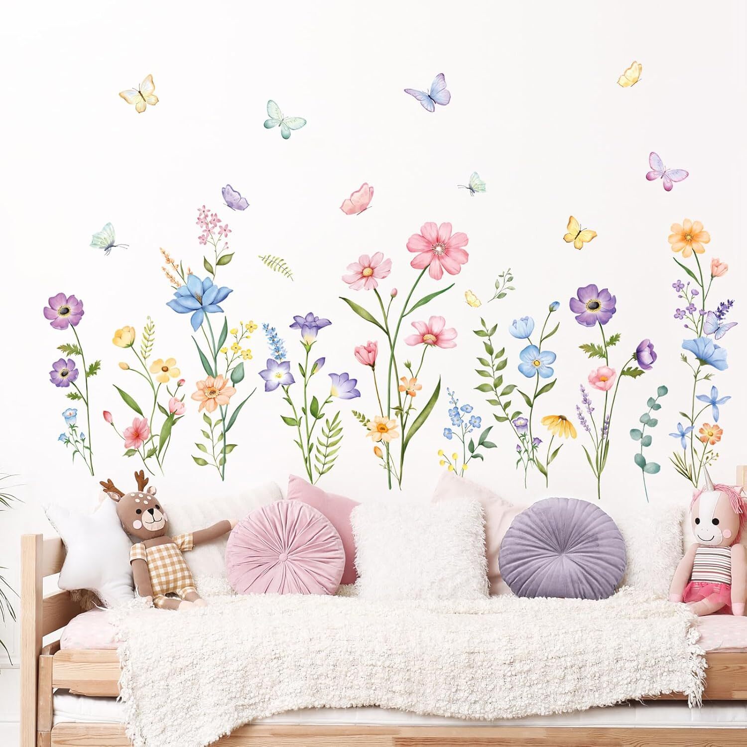 Flower Wall Decals Watercolor Wildflower Grass Butterflies Multi-colored