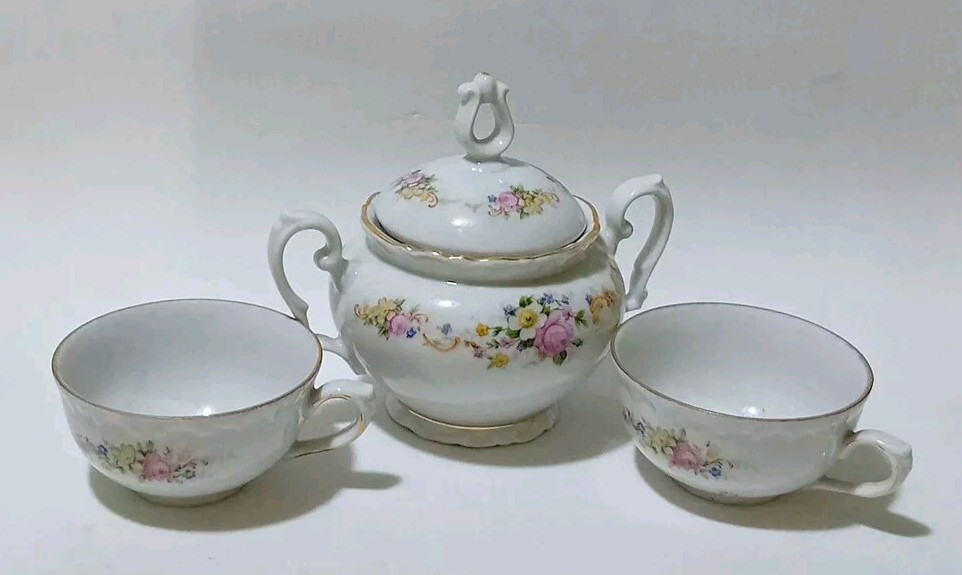 Vintage ☆ Sugar Bowl Set And 2 Ceramic Cups Cm 11 X 4.5 X 2