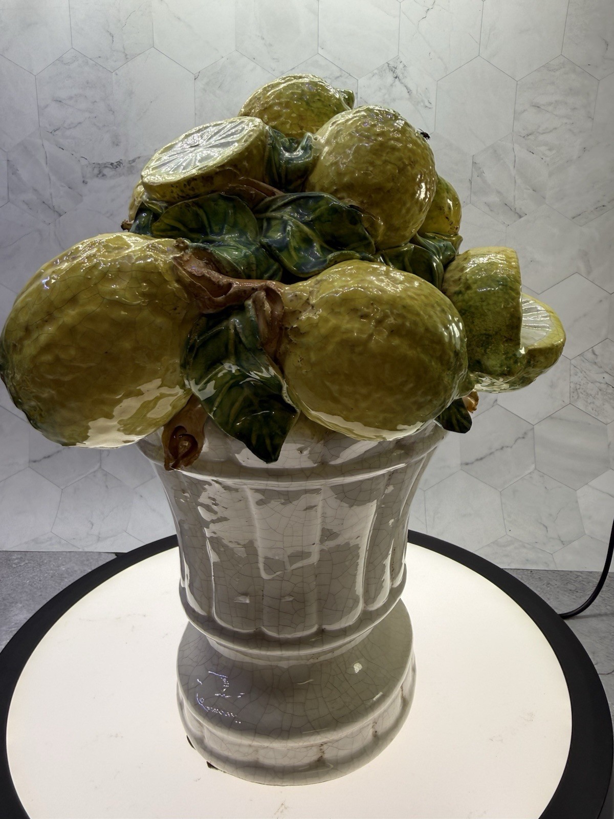 Beautiful decorative Italian Majolica ceramic basket of lemons, Centerpiece.