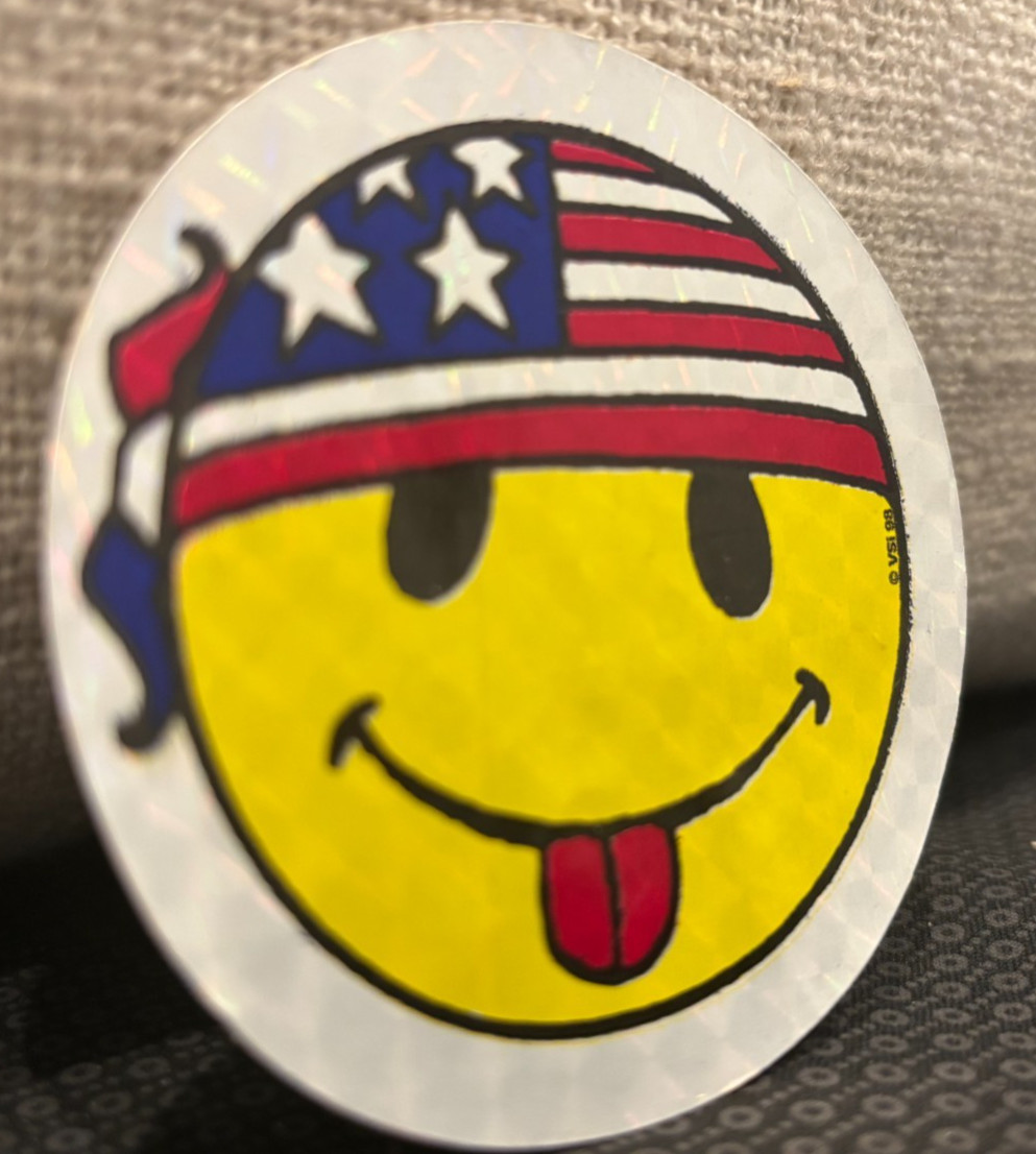 Vintage! Smiley Face with American Flag Bandana Sticker ~Yellow Prism Glitter 3"