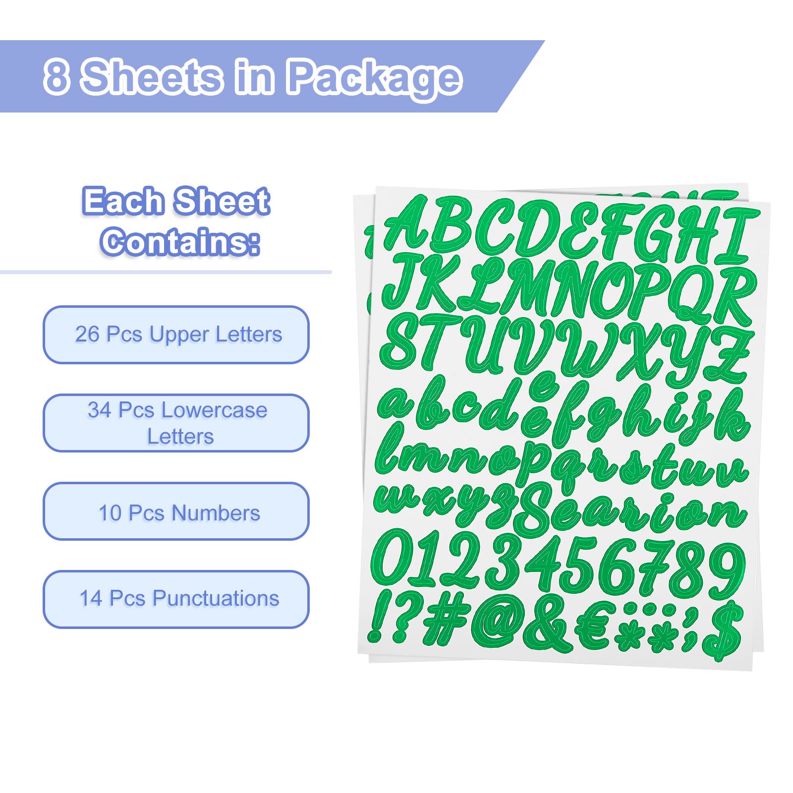 Numbers & Letters Stickers 672pcs, 8 Sheets (Green, 1")