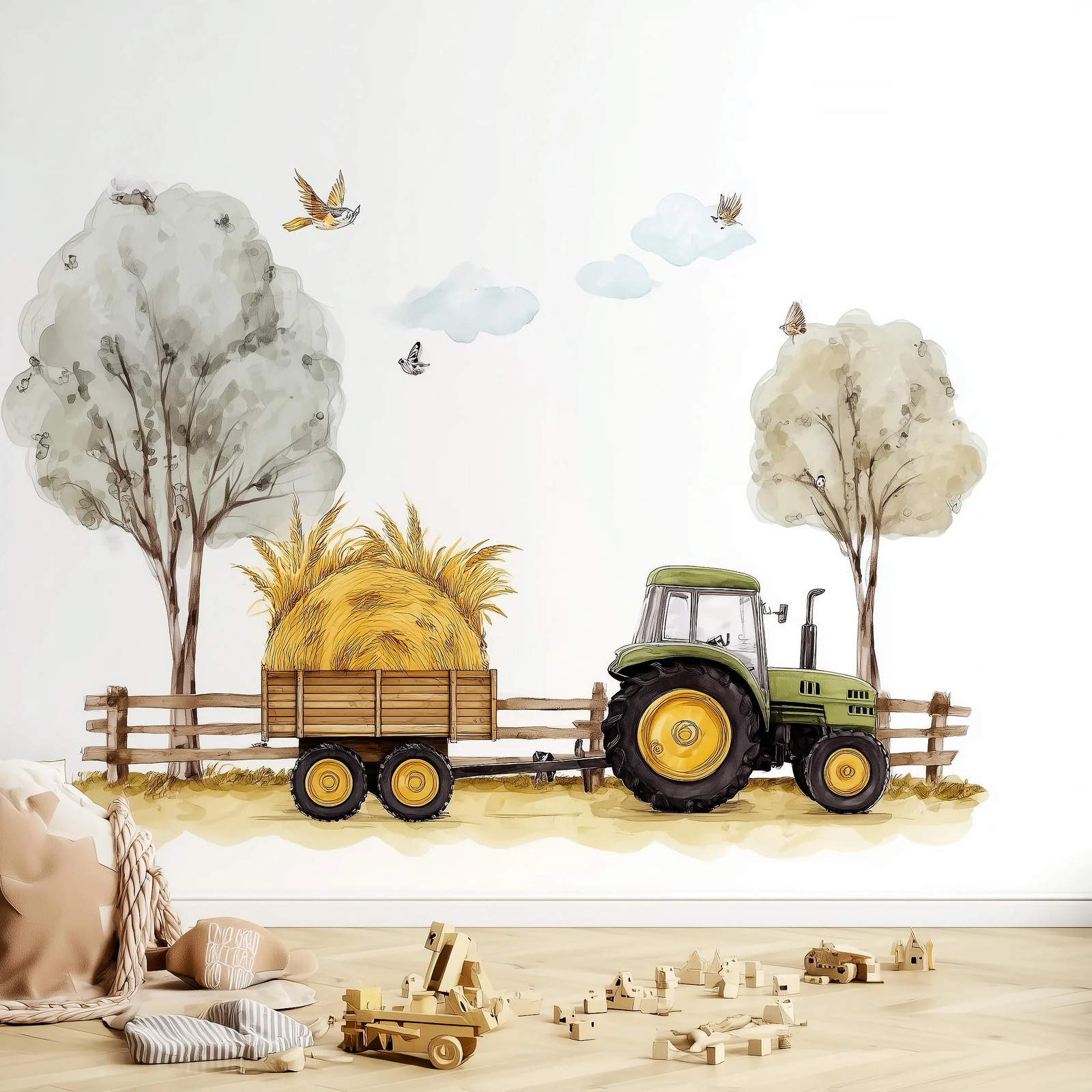 Farm Tractor Wall Decal with Hay Bale Trailer | Nursery Wall Sticker Set with