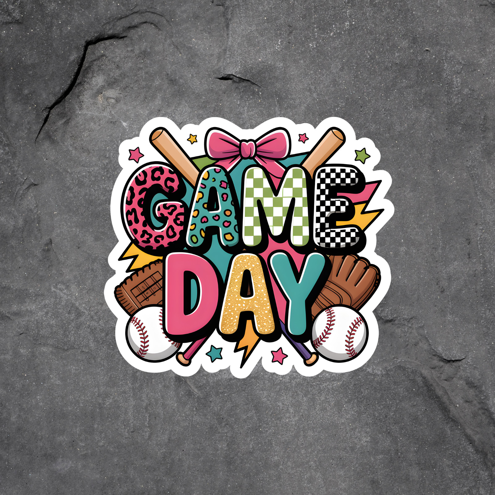 Game Day sticker vinyl decal baseball bats balls glove colorful sports fan
