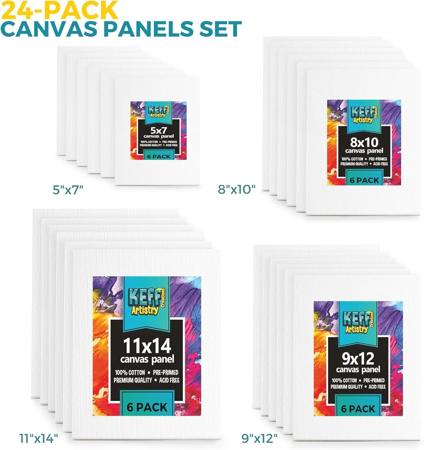 24-Pack Canvas for Painting, 6 of 5X7, 8X10, 9X12,11X14 Painting Canvas Boards