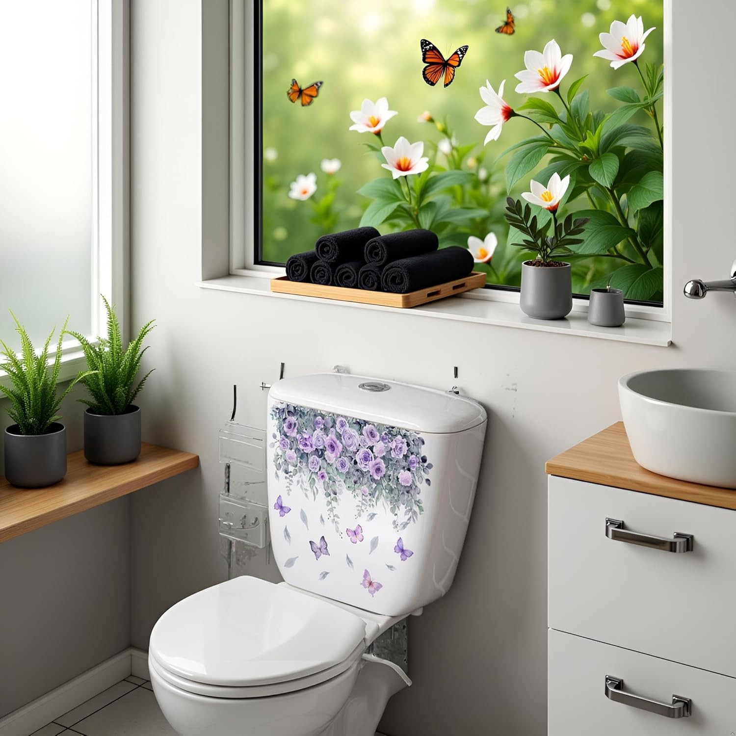 Botanical Bathroom Stickers with Purple Roses, Waterproof Removable Decals for T
