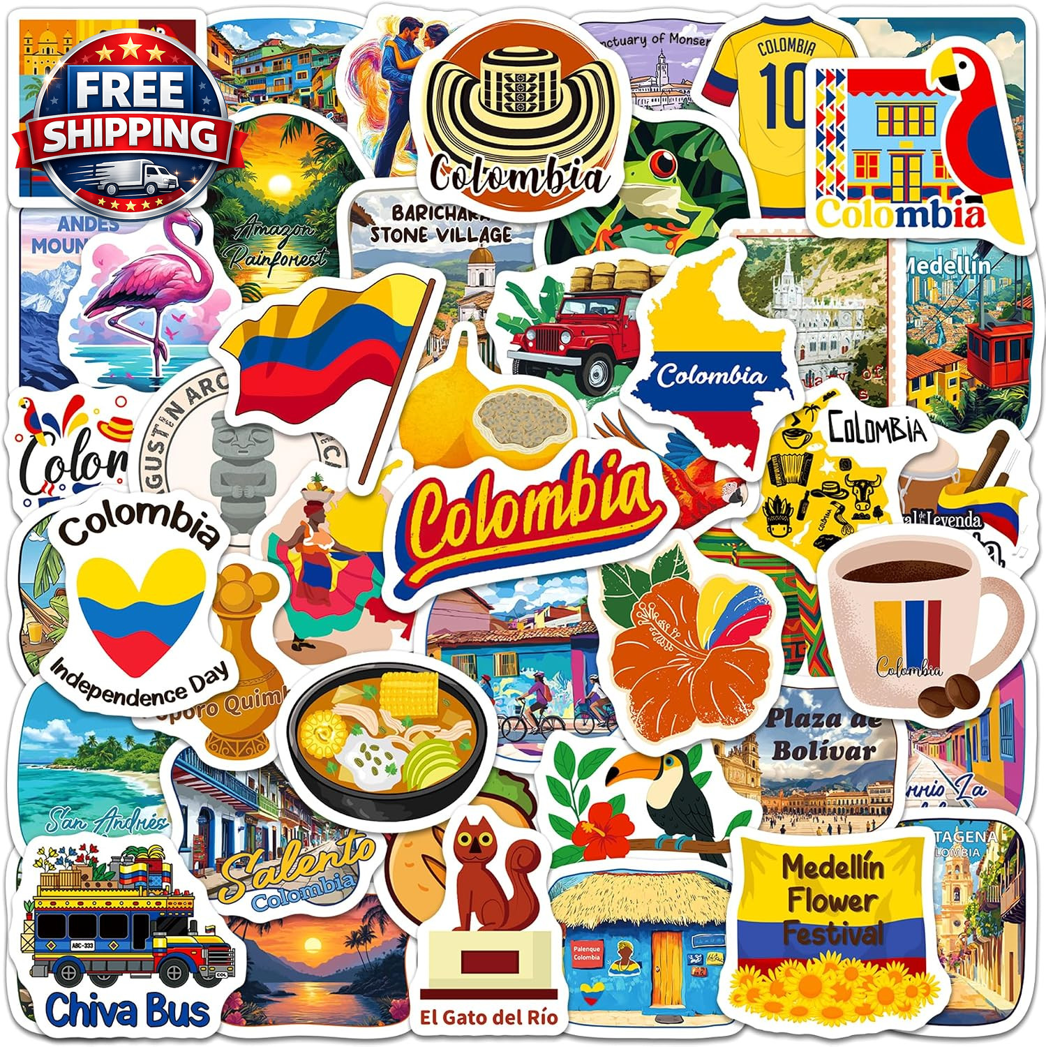 Colombia Stickers, 200 PCS Colombia Travel Sticker Pack for Kids Adults, Colombi