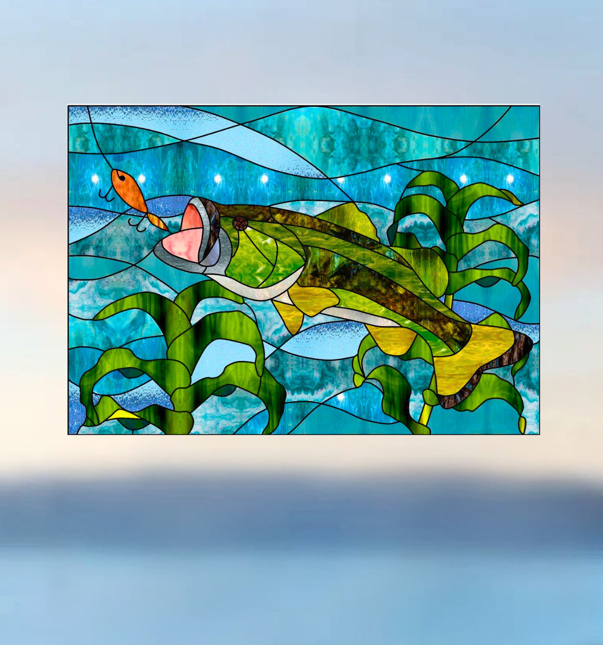 Bass Fishing Faux Stained-Glass WINDOW CLING Size 10.6" Repositionable Vinyl