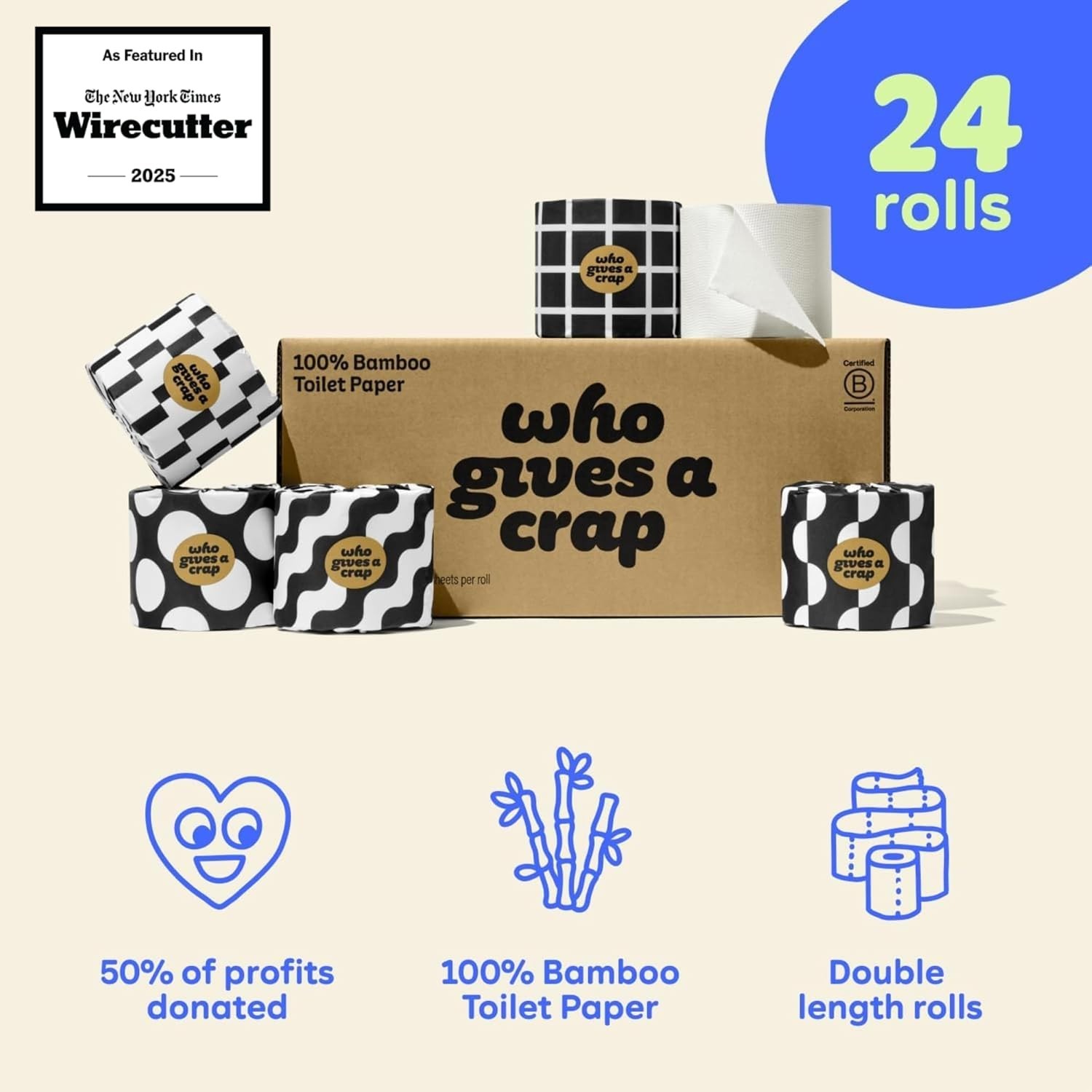 100% Bamboo Toilet Paper, 24 Rolls, 3 Ply, 330 Sheets, Long, Strong & Soft Toile