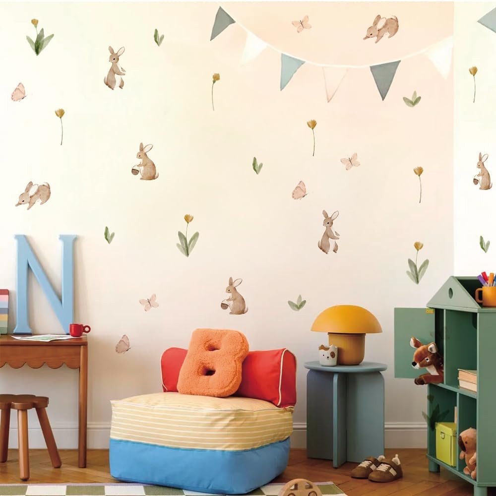 Summertime Cute Bunnies and Flowers Nursery Wall Decal, Peel and Stick Reusab…
