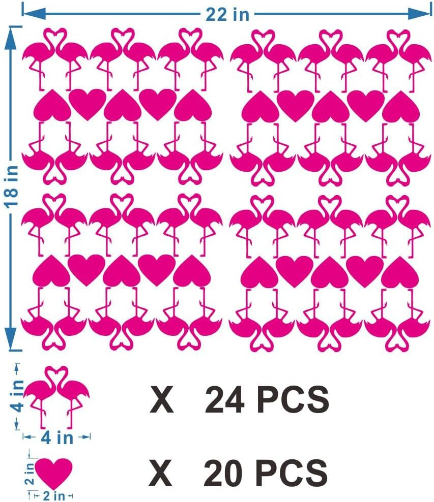 Flamingo Wall Stickers Set – 24 Removable PVC Decals with Silhouette and Hearts