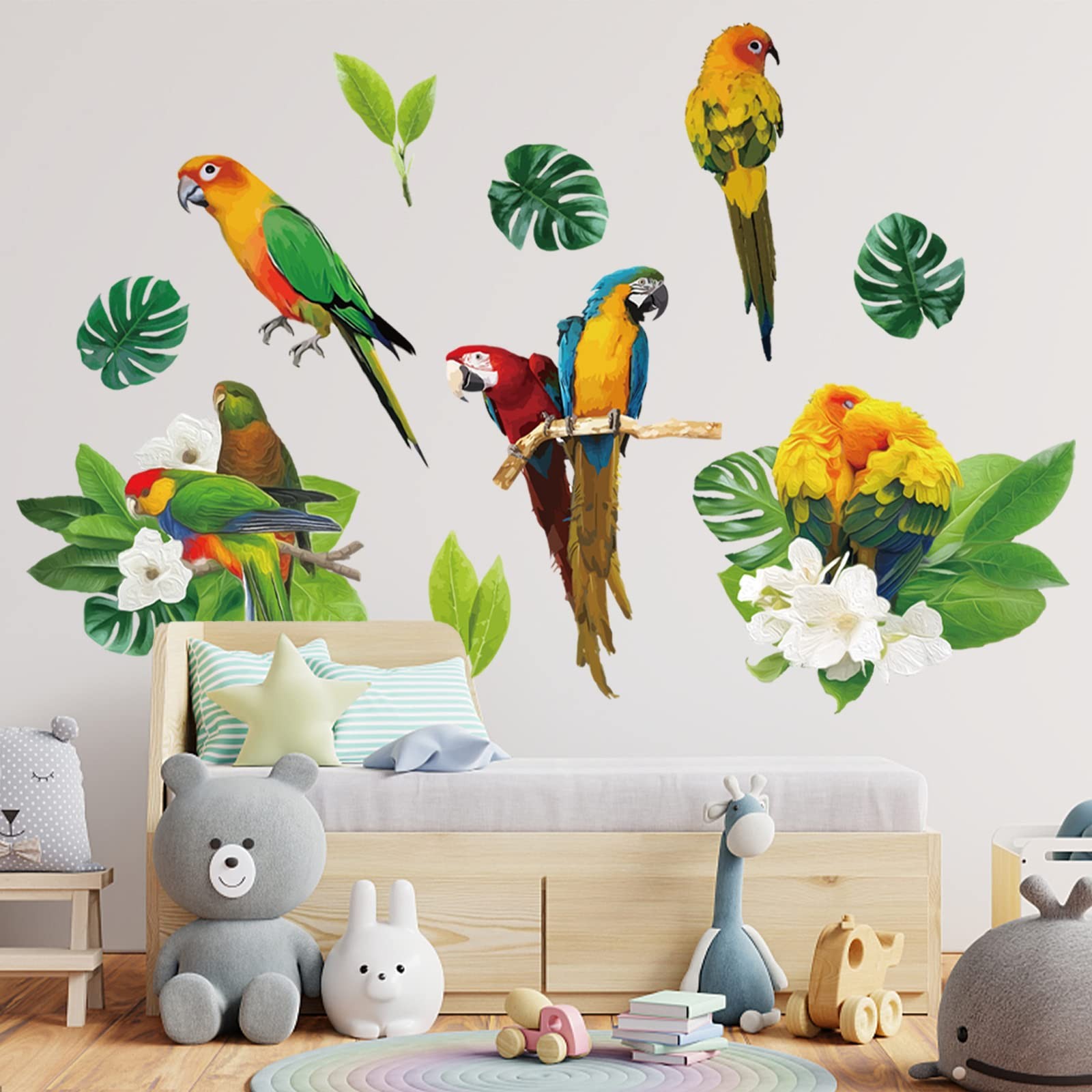 Tropical Plants Parrot Wall Stickers Green Leaf Birds Watercolor Flower Vinyl…