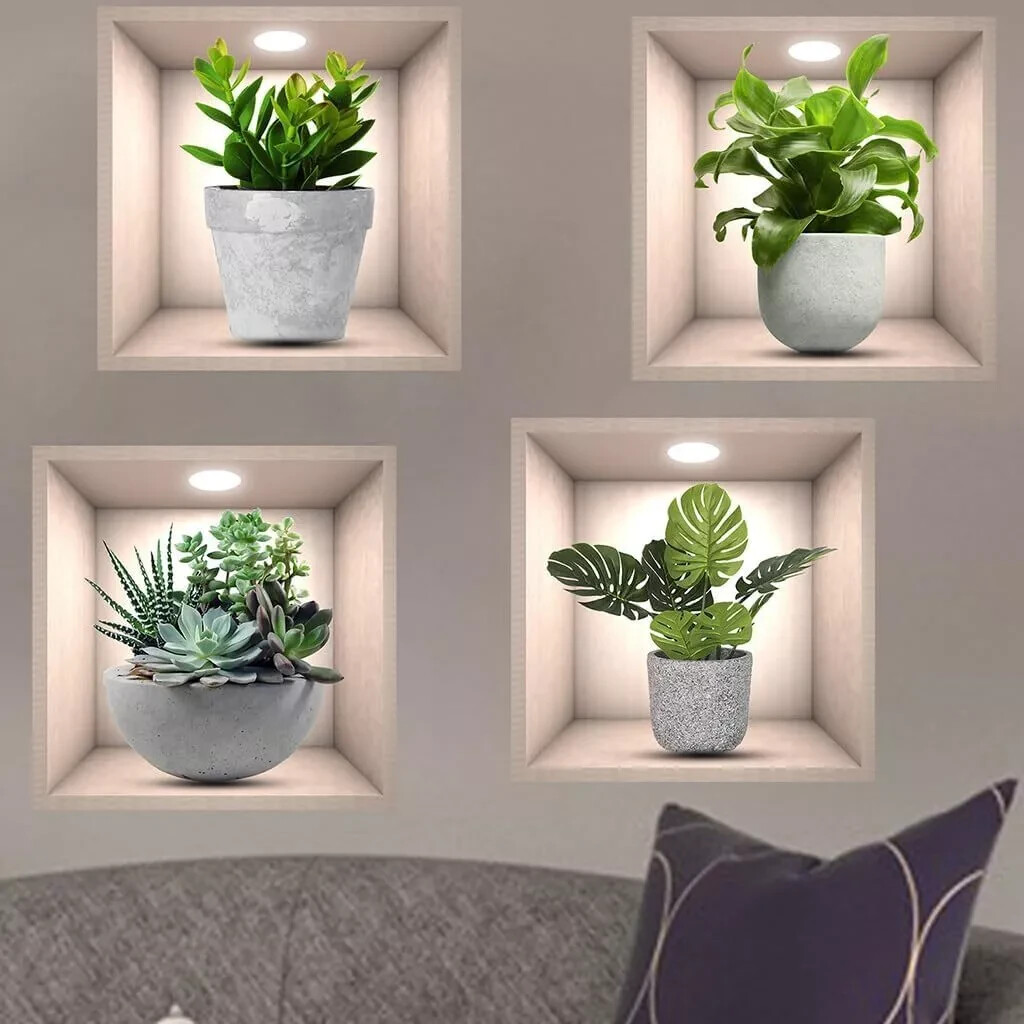 3D Green Plants Wall Sticker,4pcs Vases Flower Stickers 3d