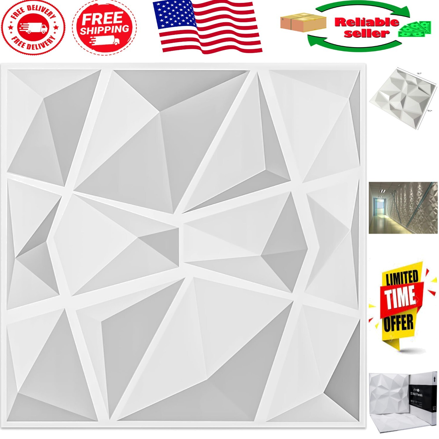 Set of 12 Lightweight 3D Pyramid Wall Panels – Modern Matte White Finish