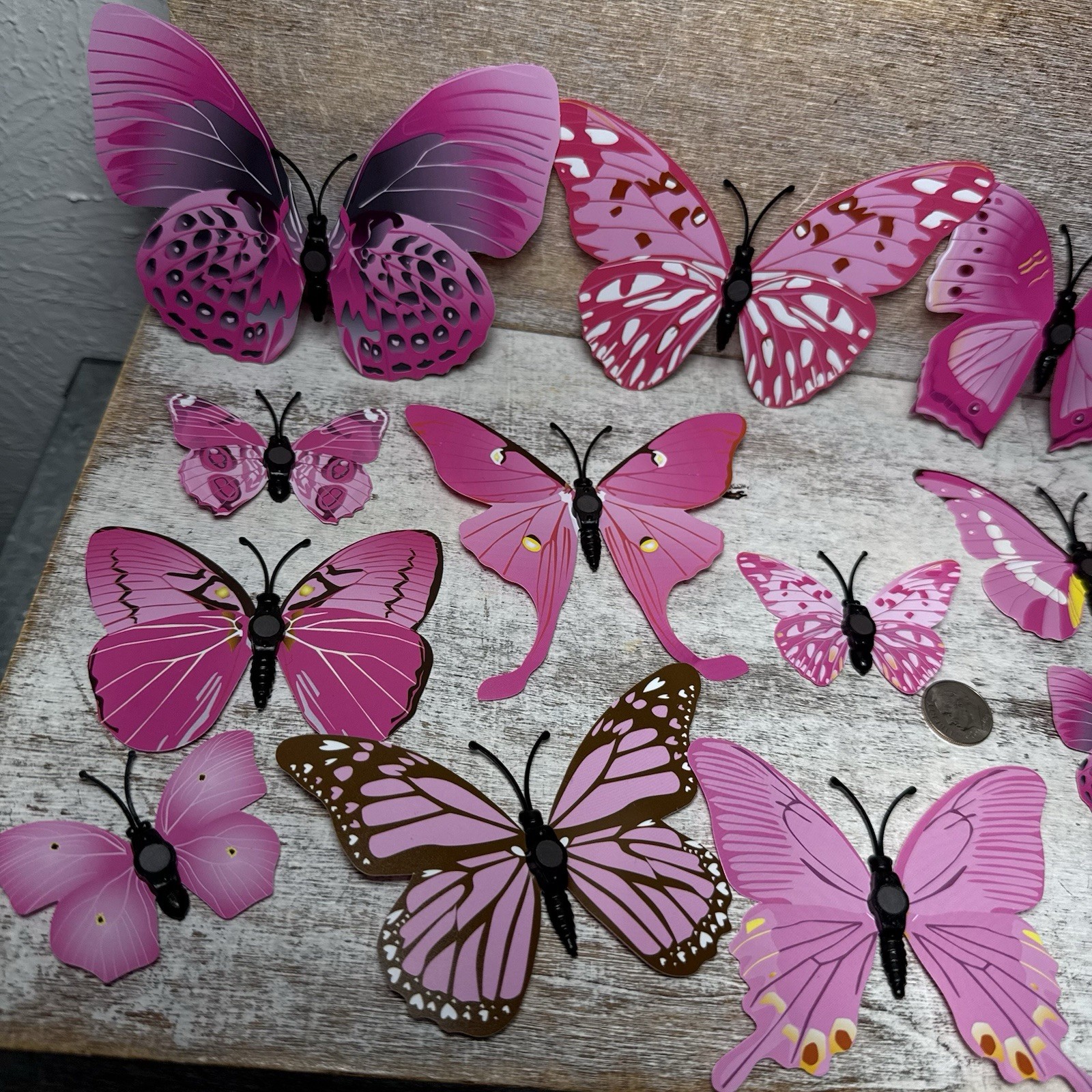 Lot of 12 3D Realistic Butterfly Wall Stickers Different Sizes, Shapes PINK New