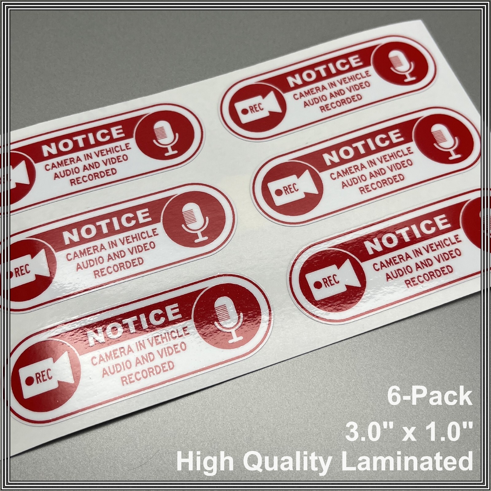 Camera in Car Recording Video 6-Pack Decals Red & White 3.0" x 1.0" for Uber